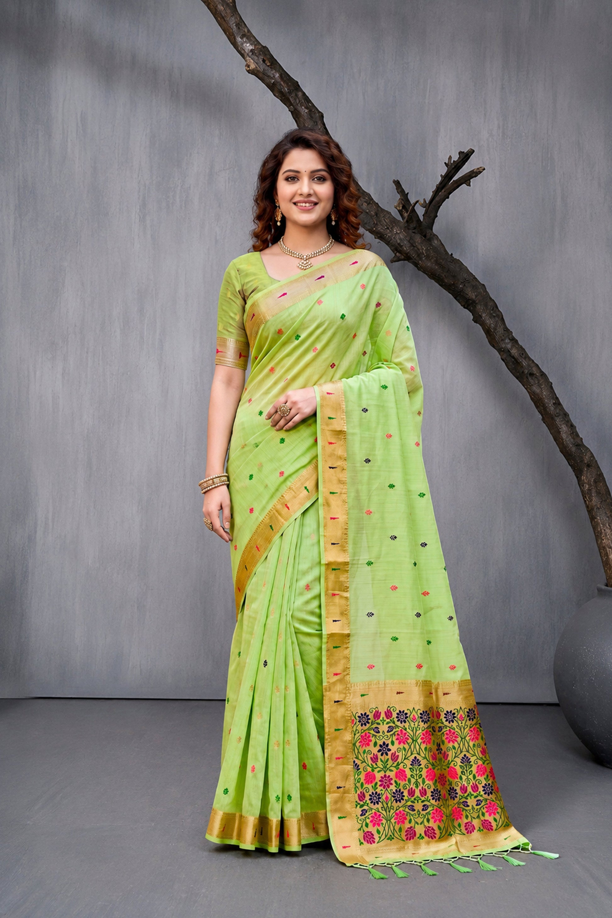 Sangam Prints Green Cotton Blend Woven Work Traditional Saree