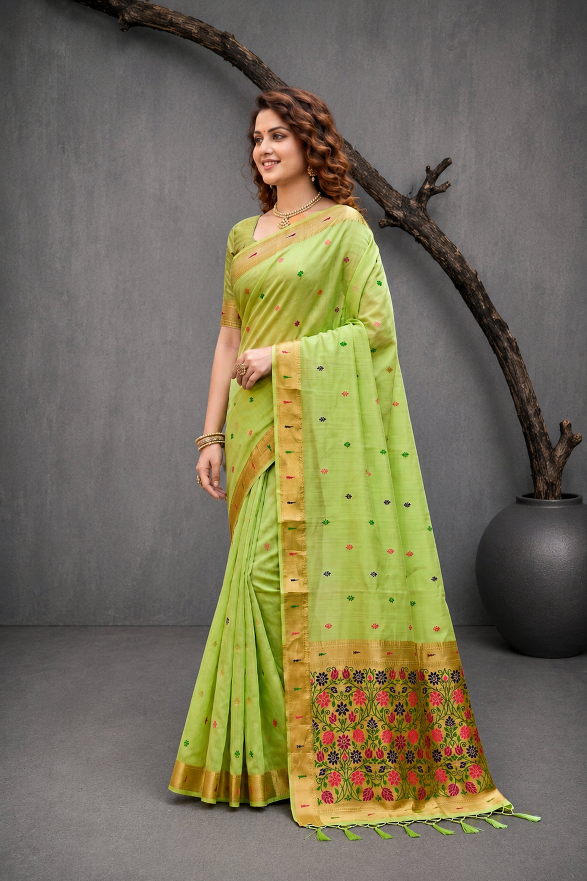 Sangam Prints Green Cotton Blend Woven Work Traditional Saree