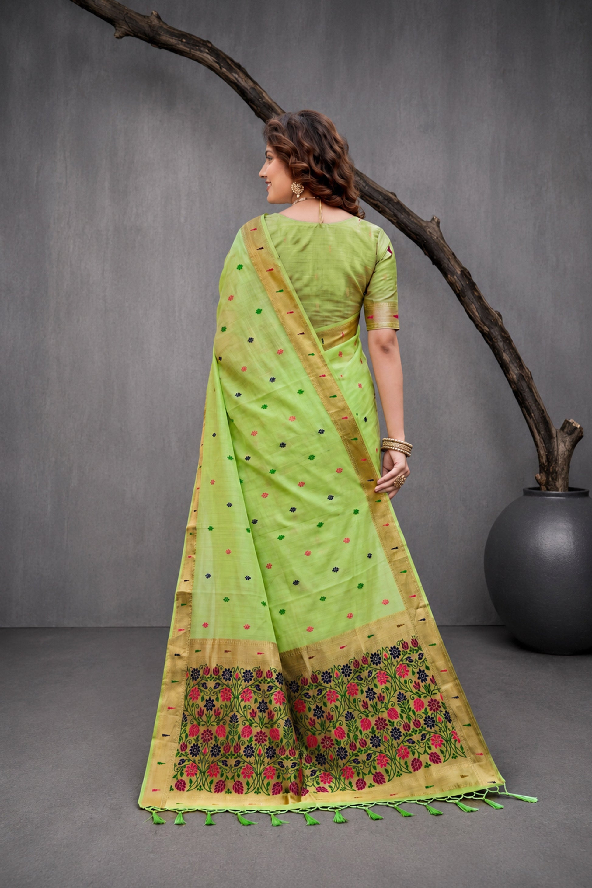 Sangam Prints Green Cotton Blend Woven Work Traditional Saree