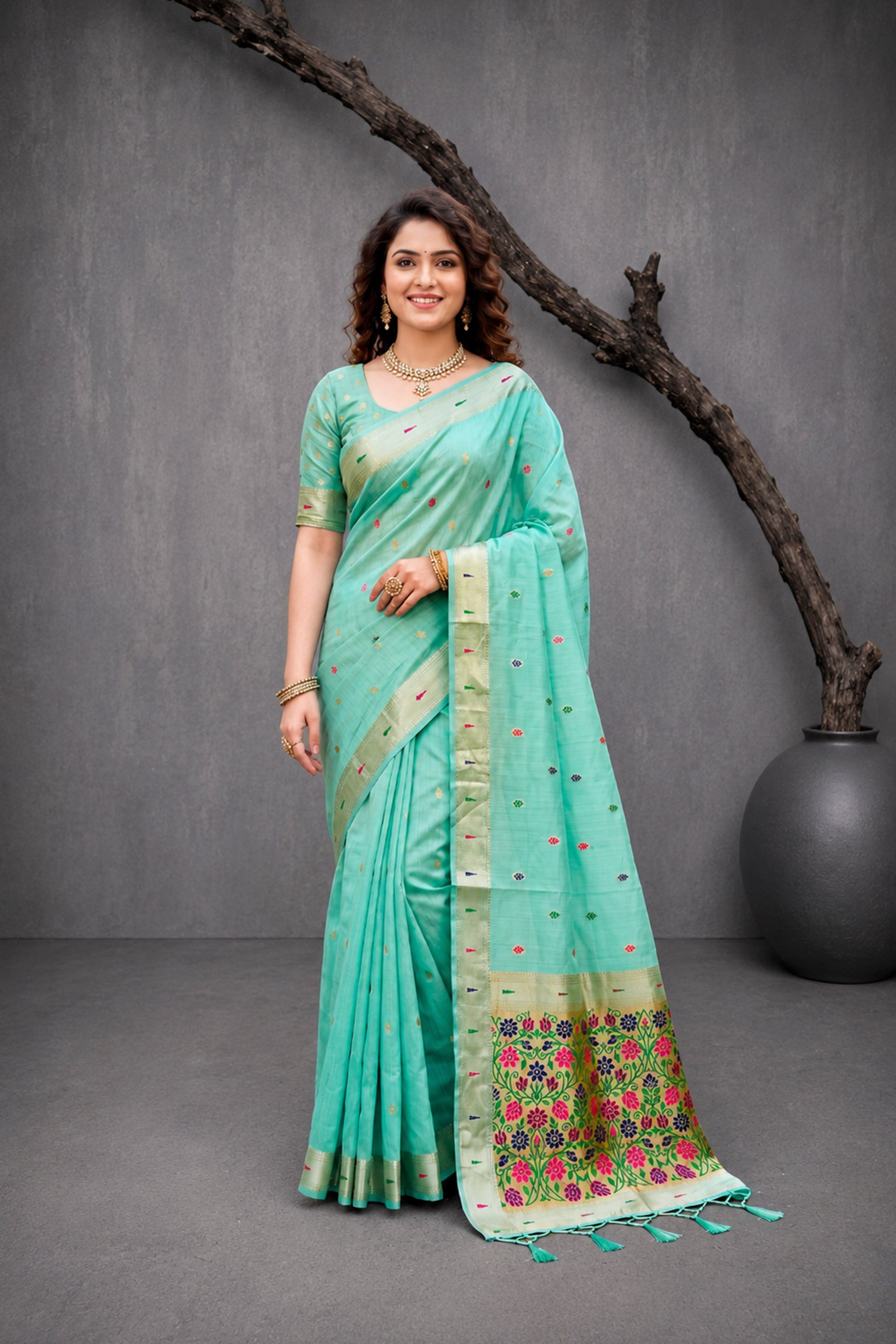 Sangam Prints Mint Green Cotton Blend Woven Work Traditional Saree