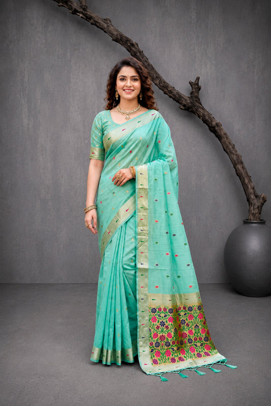Sangam Prints Mint Green Cotton Blend Woven Work Traditional Saree