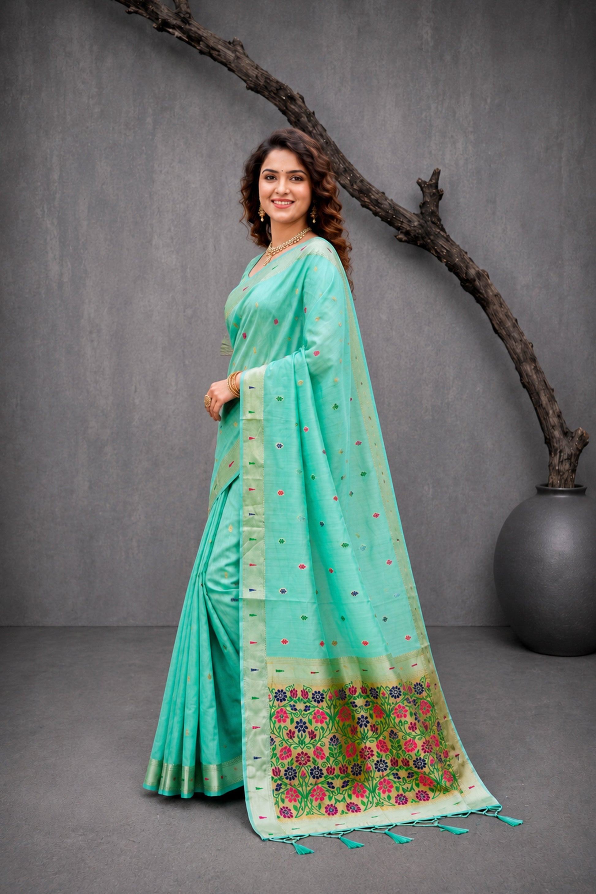 Sangam Prints Mint Green Cotton Blend Woven Work Traditional Saree