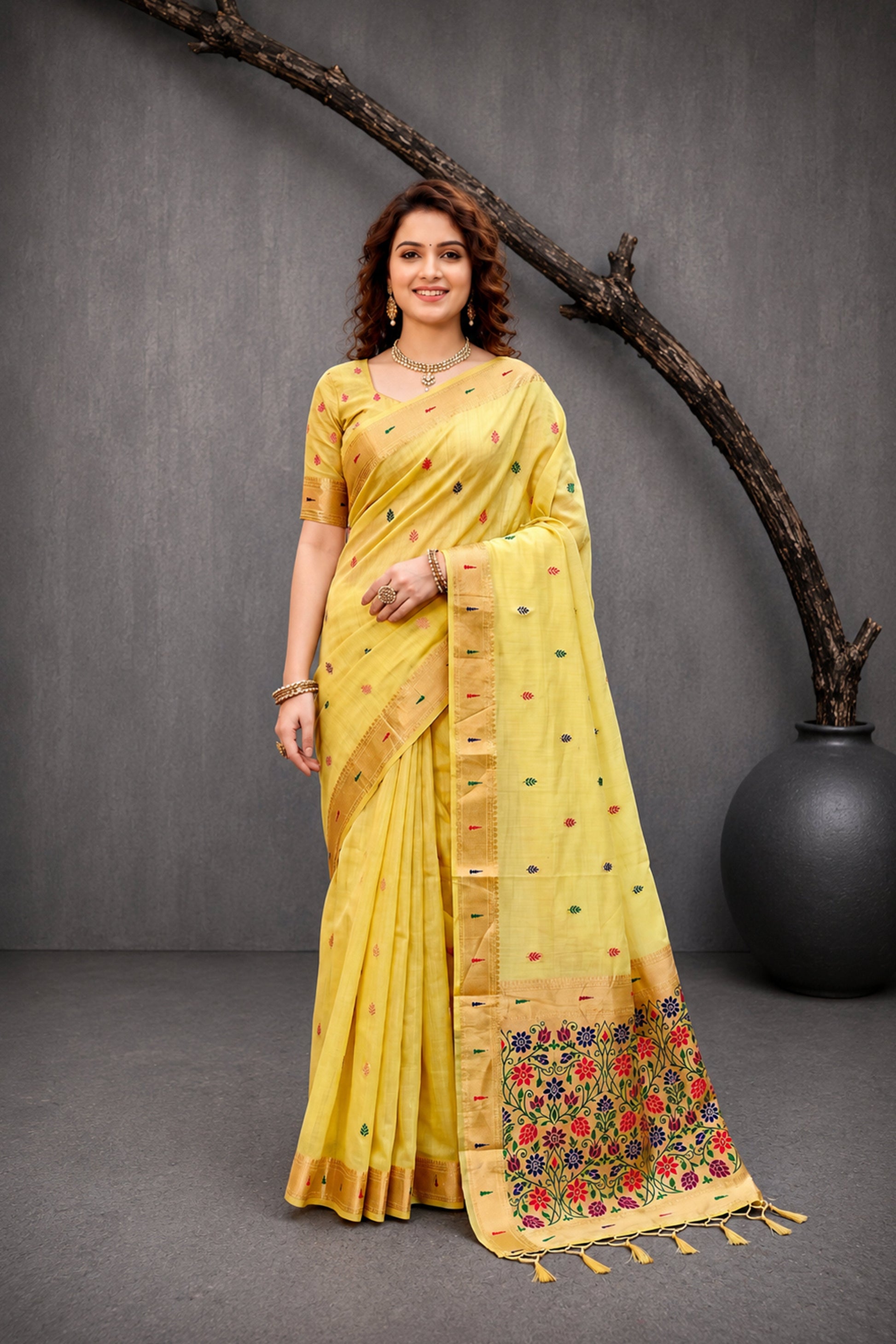 Sangam Prints Yellow Cotton Blend Woven Work Traditional Saree