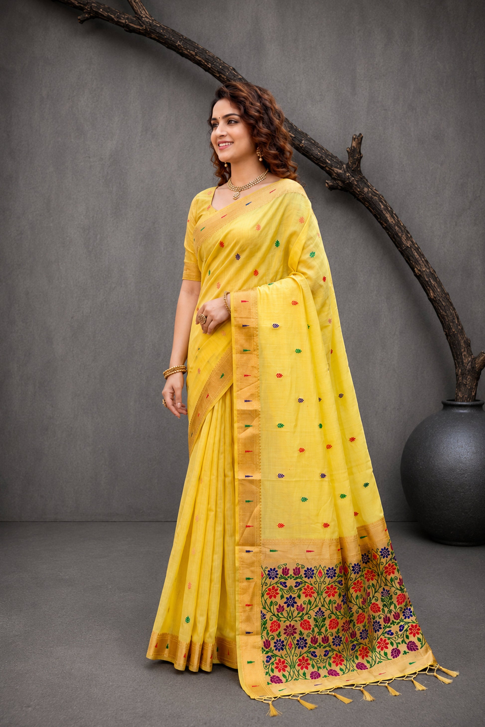 Sangam Prints Yellow Cotton Blend Woven Work Traditional Saree