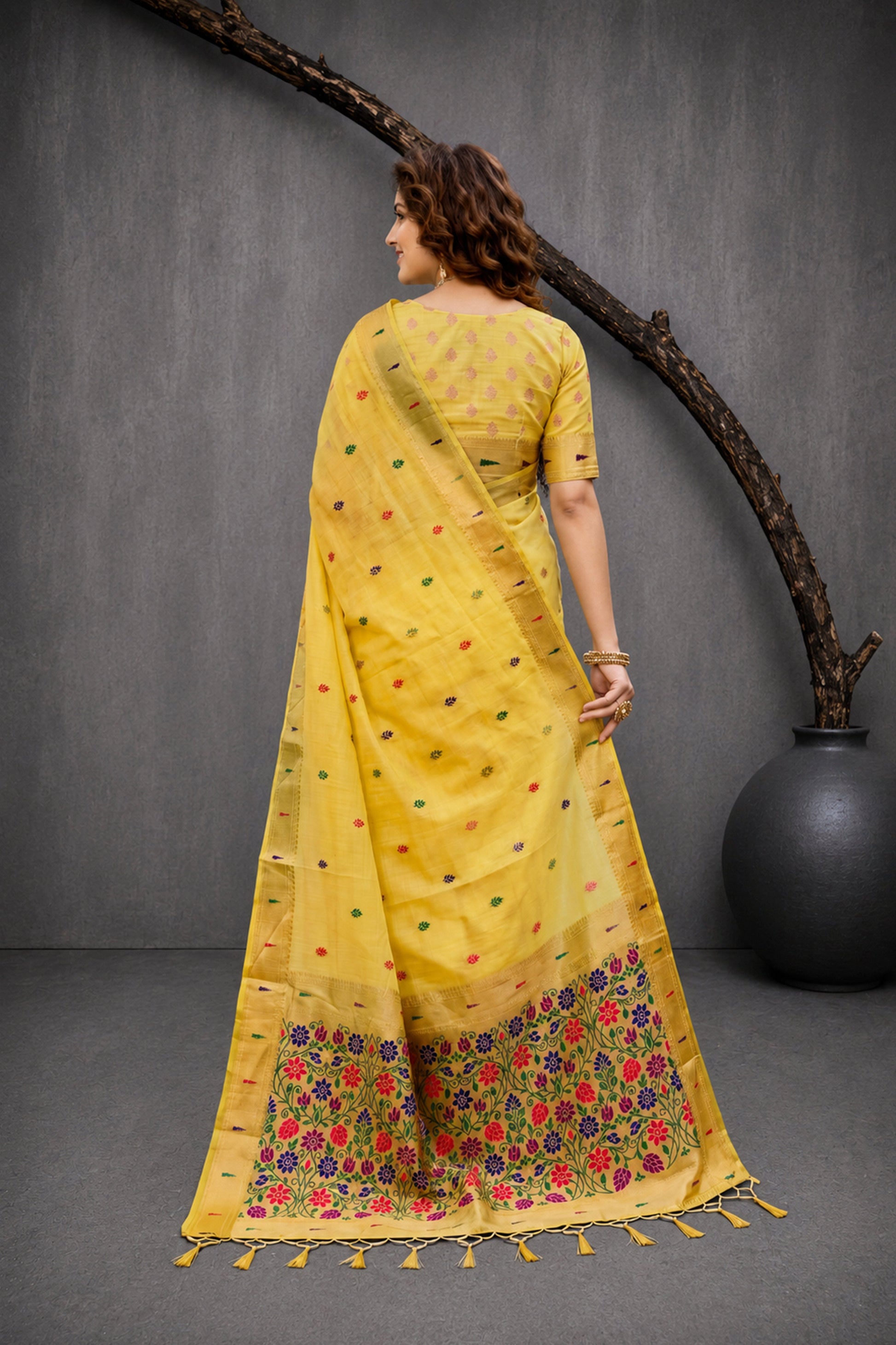 Sangam Prints Yellow Cotton Blend Woven Work Traditional Saree