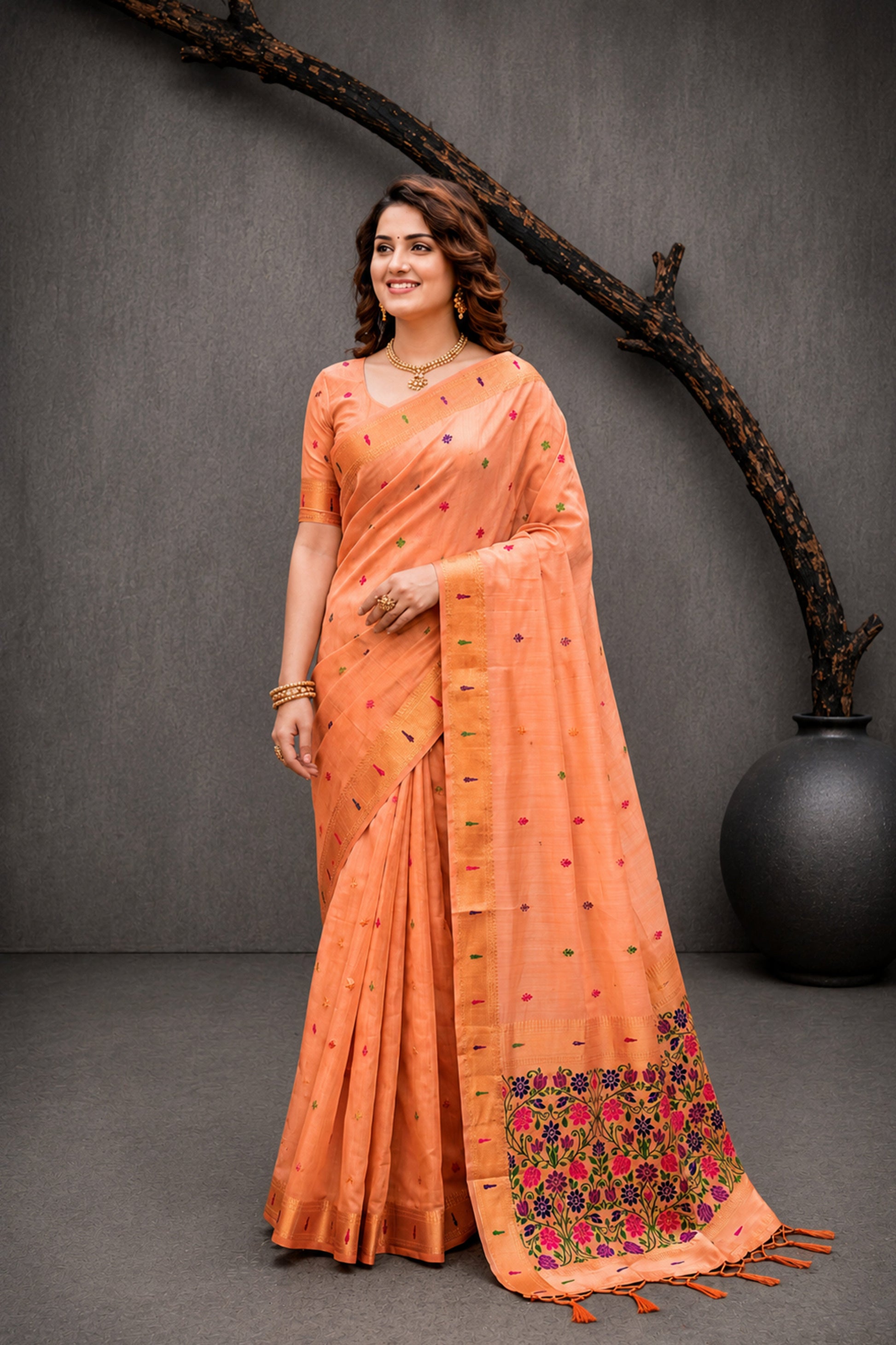 Sangam Prints Peach Cotton Blend Woven Work Traditional Saree