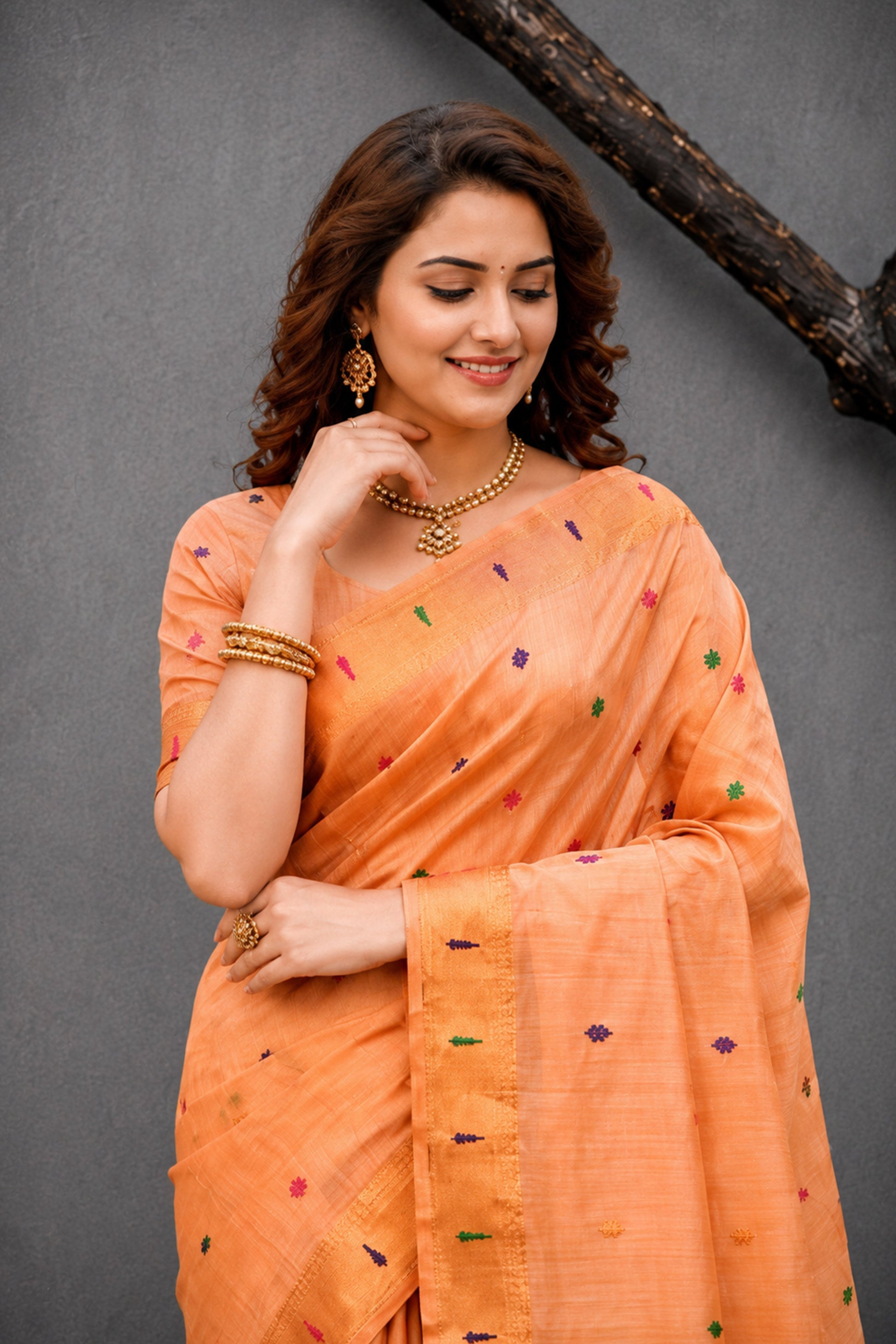 Sangam Prints Peach Cotton Blend Woven Work Traditional Saree