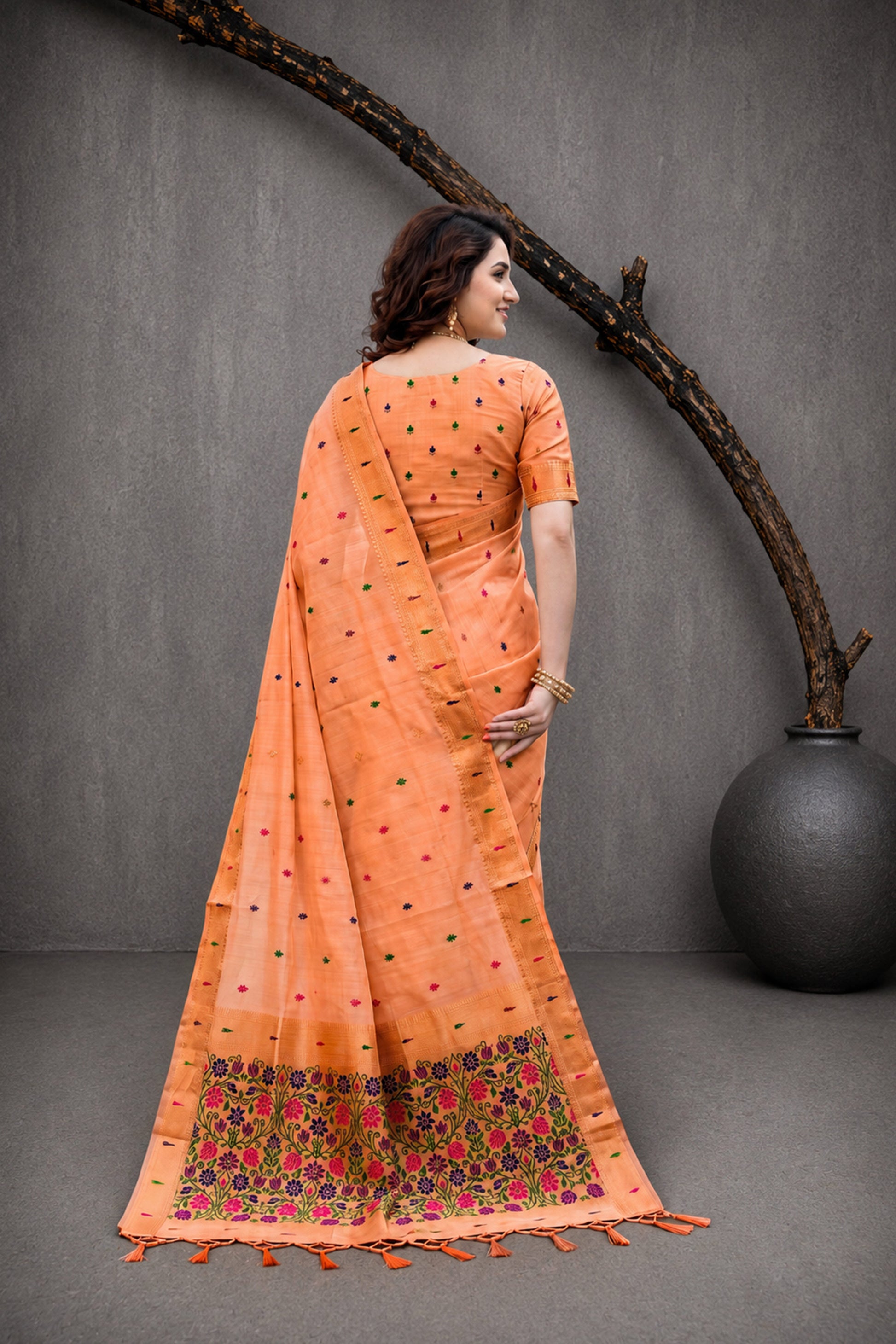 Sangam Prints Peach Cotton Blend Woven Work Traditional Saree