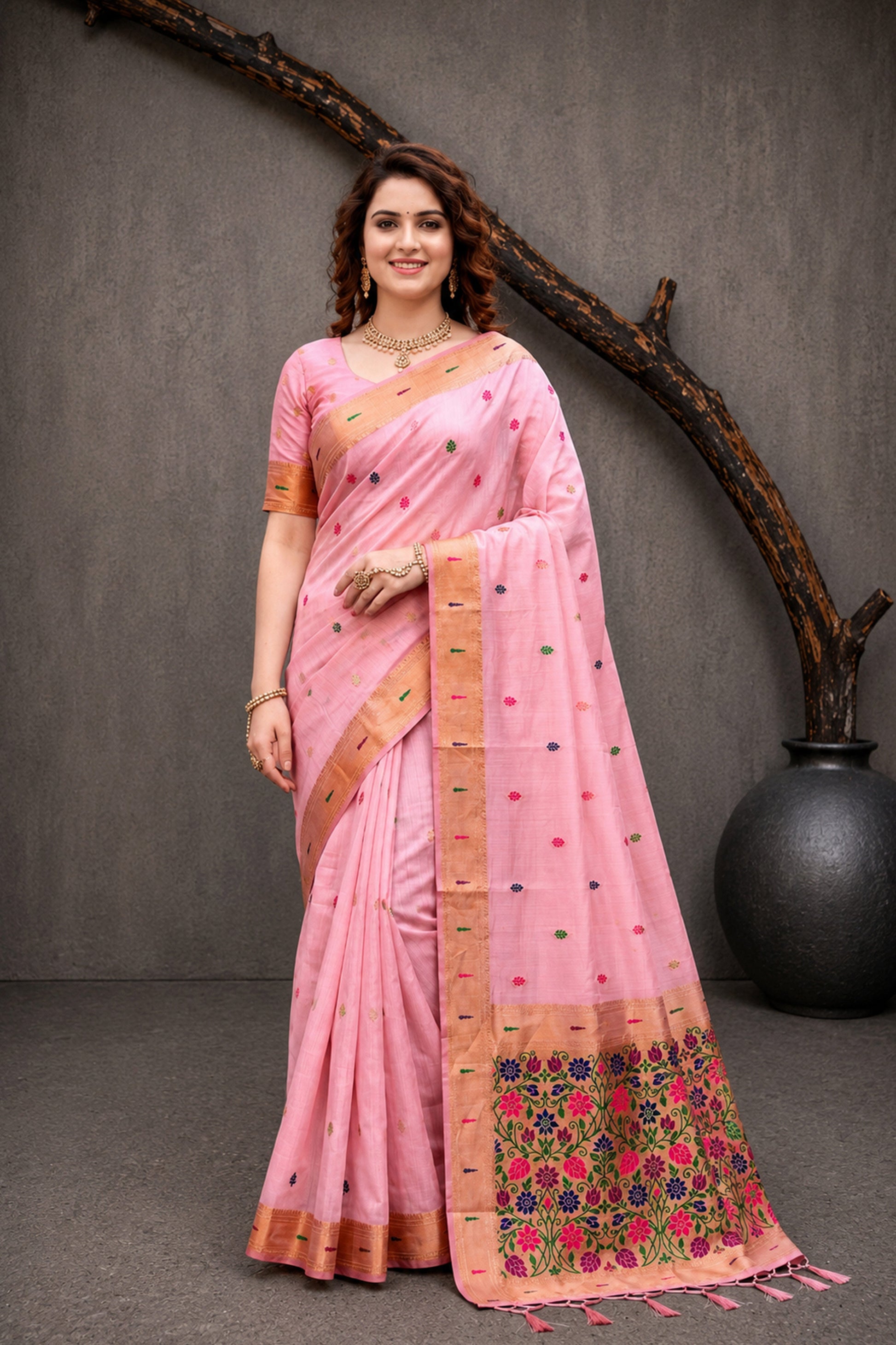 Sangam Prints Pink Cotton Blend Woven Work Traditional Saree