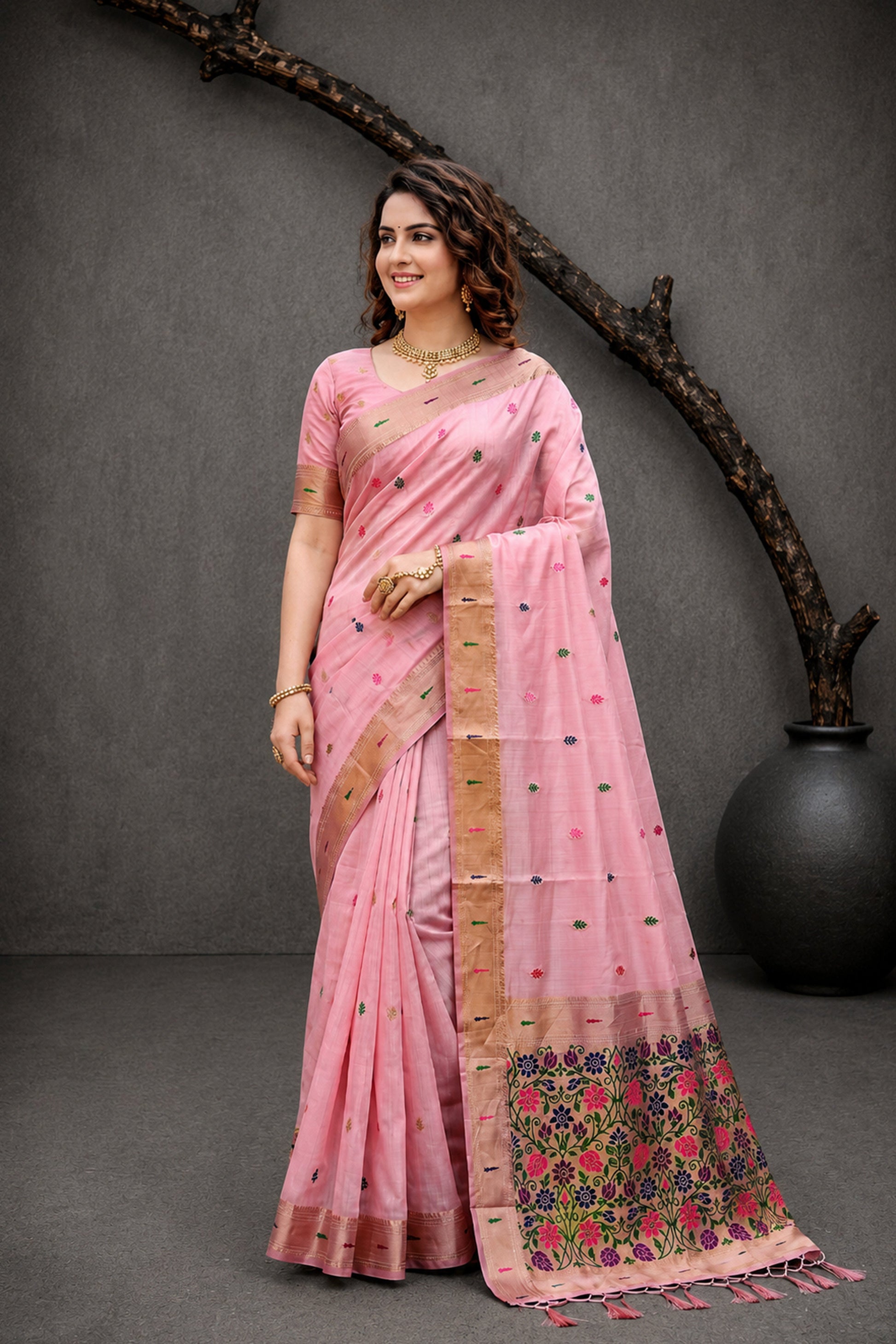 Sangam Prints Pink Cotton Blend Woven Work Traditional Saree