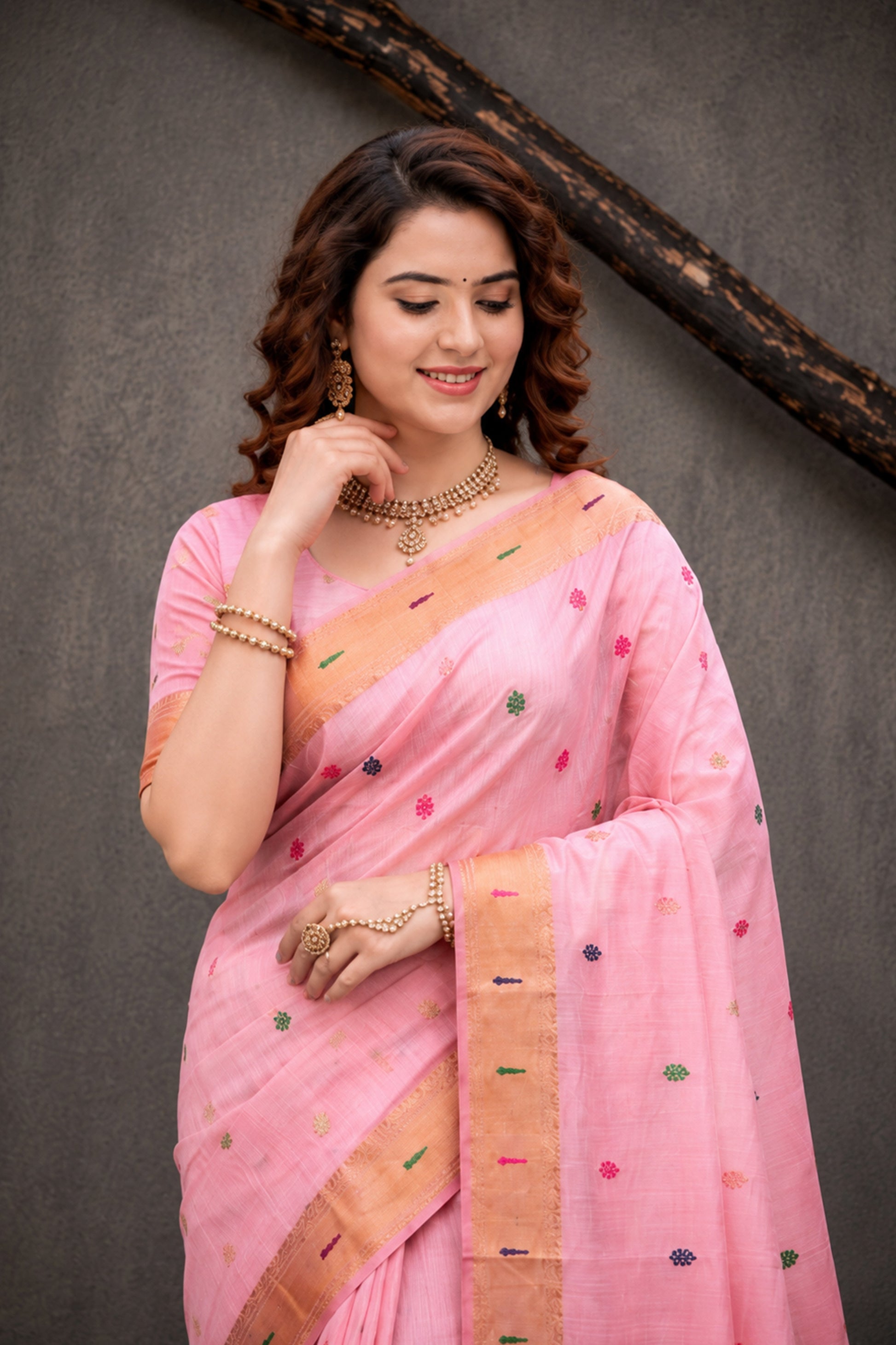 Sangam Prints Pink Cotton Blend Woven Work Traditional Saree