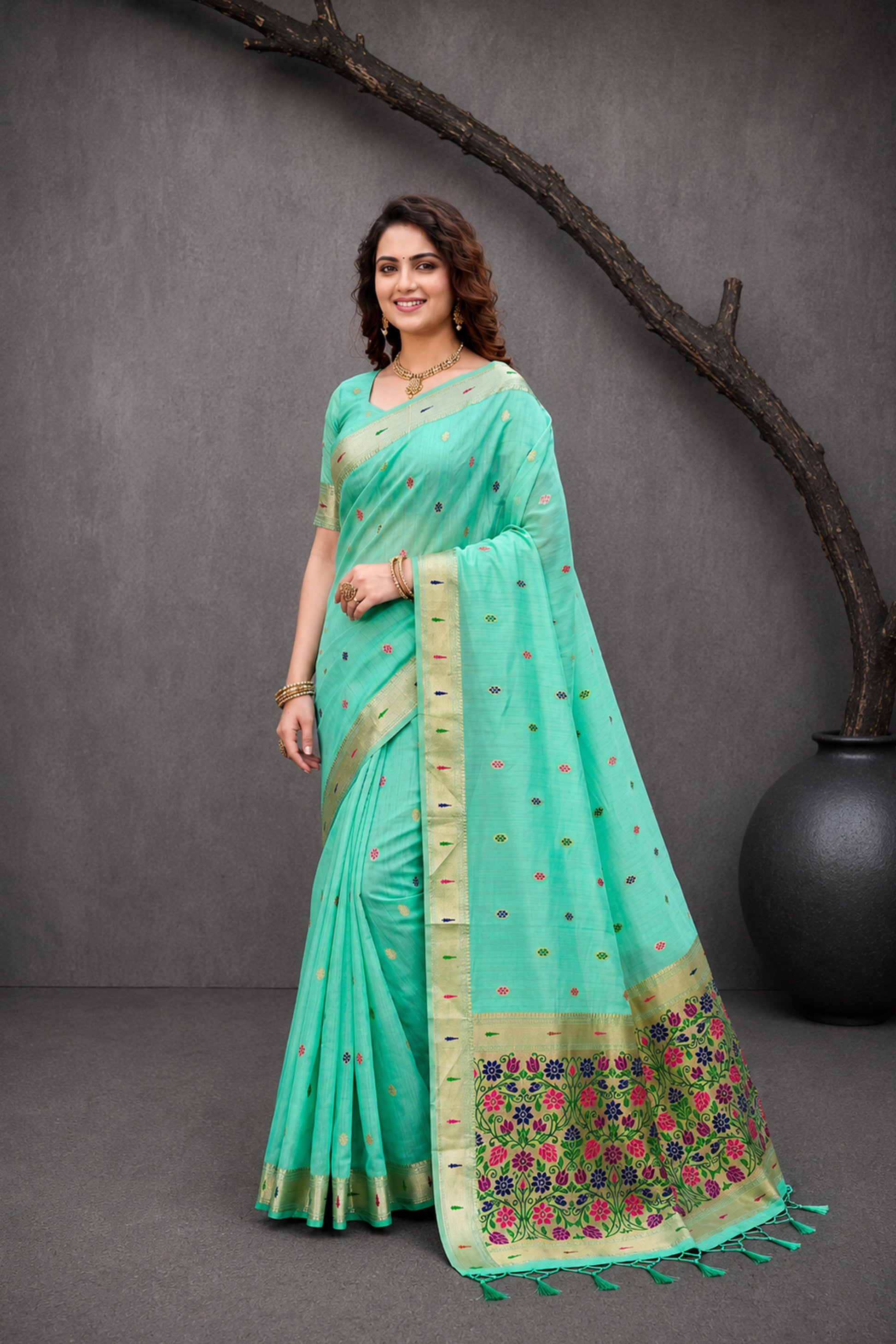 Sangam Prints Aqua Mint Green Cotton Blend Woven Work Traditional Saree