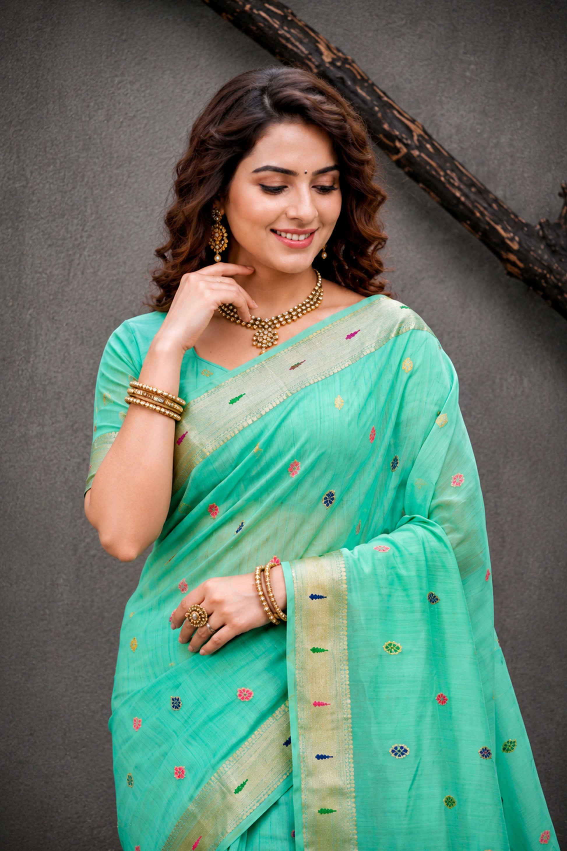 Sangam Prints Aqua Mint Green Cotton Blend Woven Work Traditional Saree