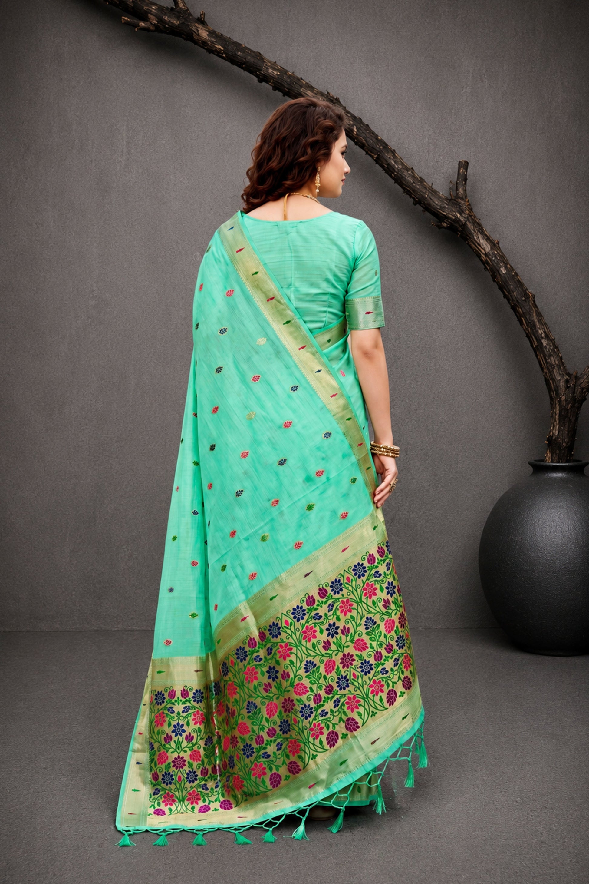 Sangam Prints Aqua Mint Green Cotton Blend Woven Work Traditional Saree