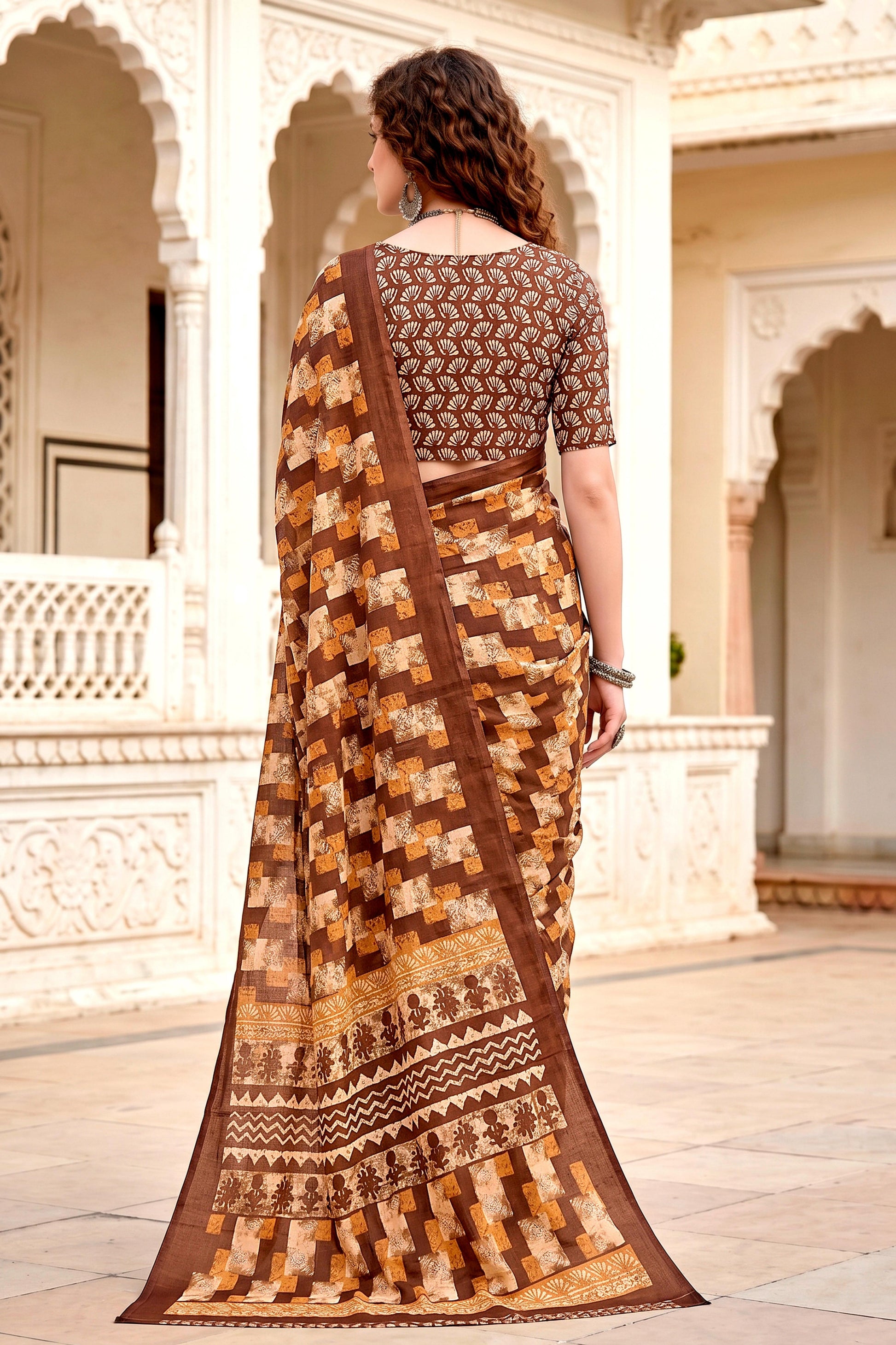 Sangam Prints Coffee Brown Cotton Blend Woven Work Traditional Saree