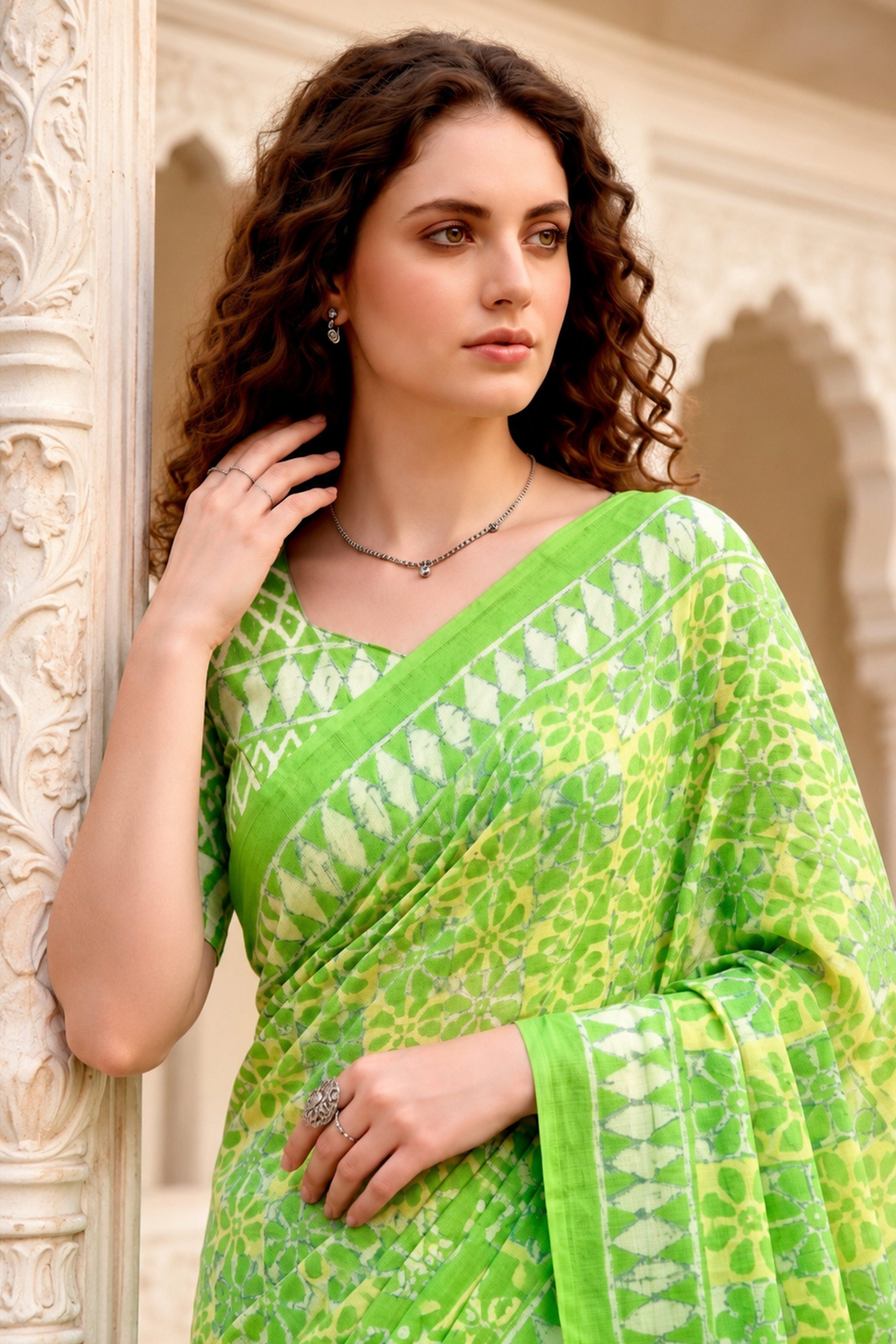 Sangam Prints Parrot Green Cotton Blend Woven Work Traditional Saree