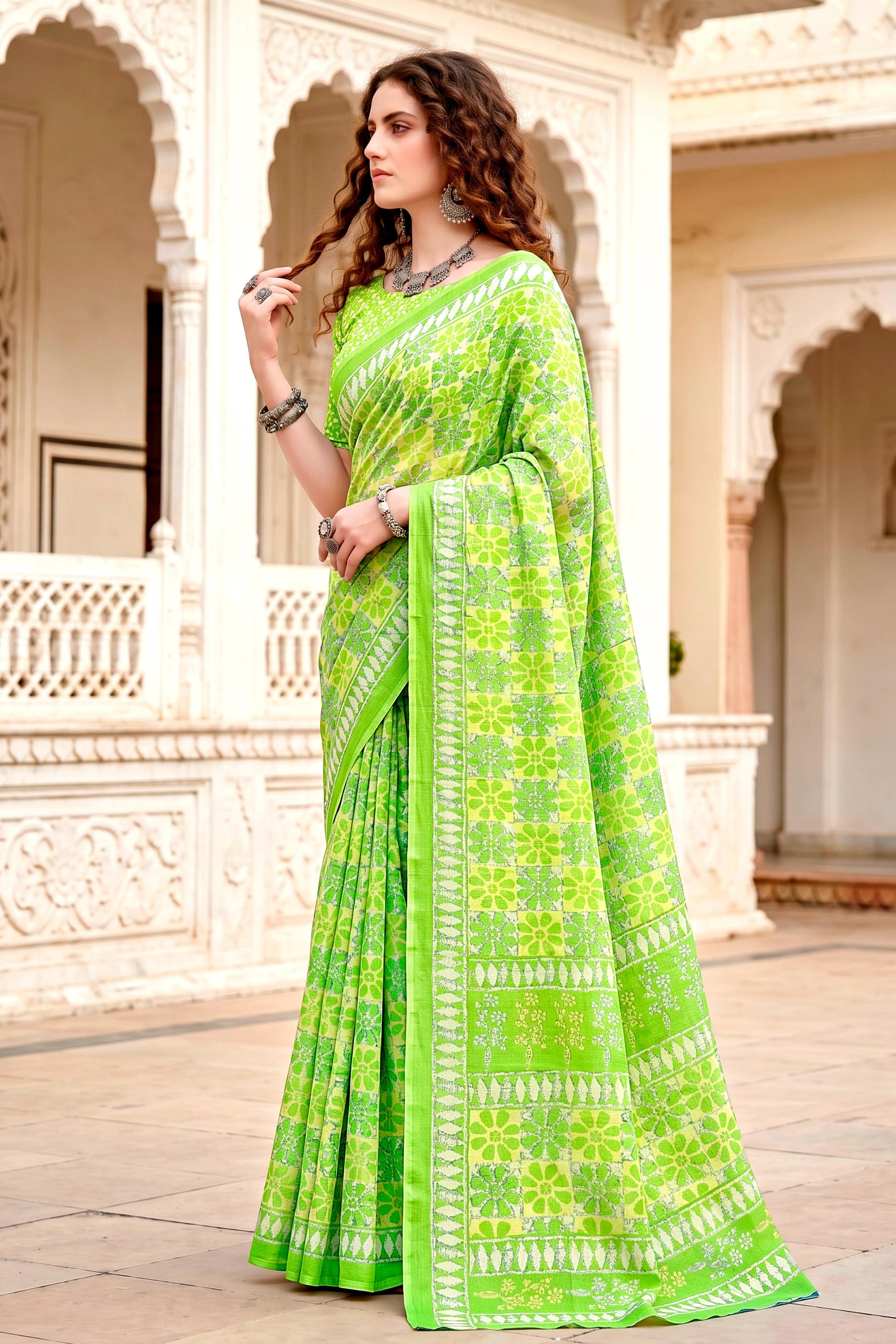Sangam Prints Parrot Green Cotton Blend Woven Work Traditional Saree