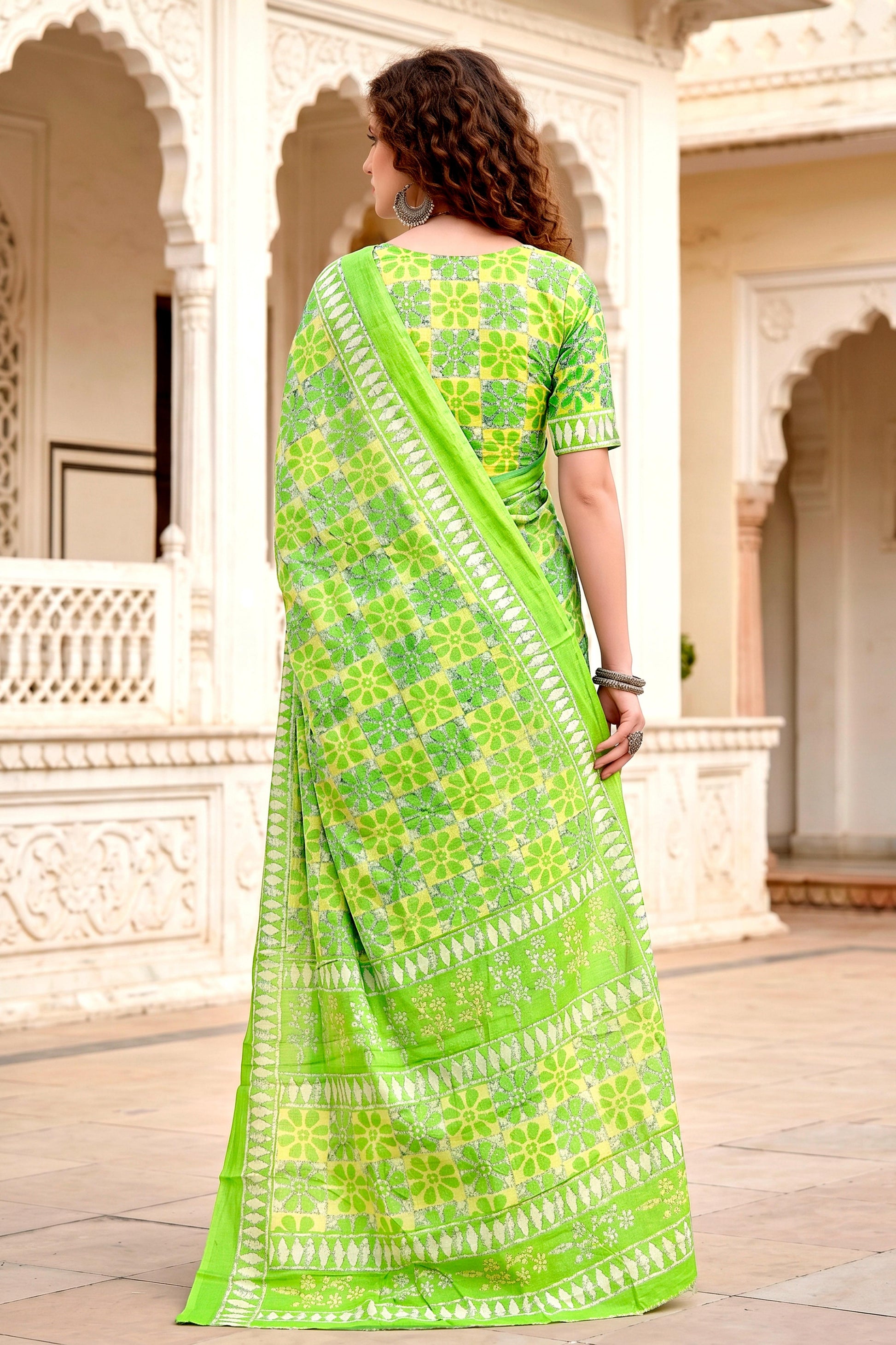 Sangam Prints Parrot Green Cotton Blend Woven Work Traditional Saree