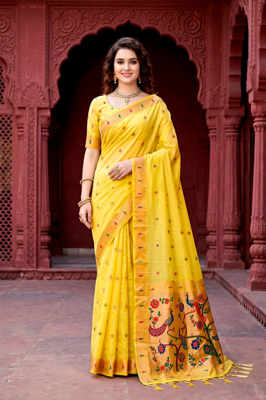 Sangam Prints Yellow Cotton Blend Woven Work Traditional Saree