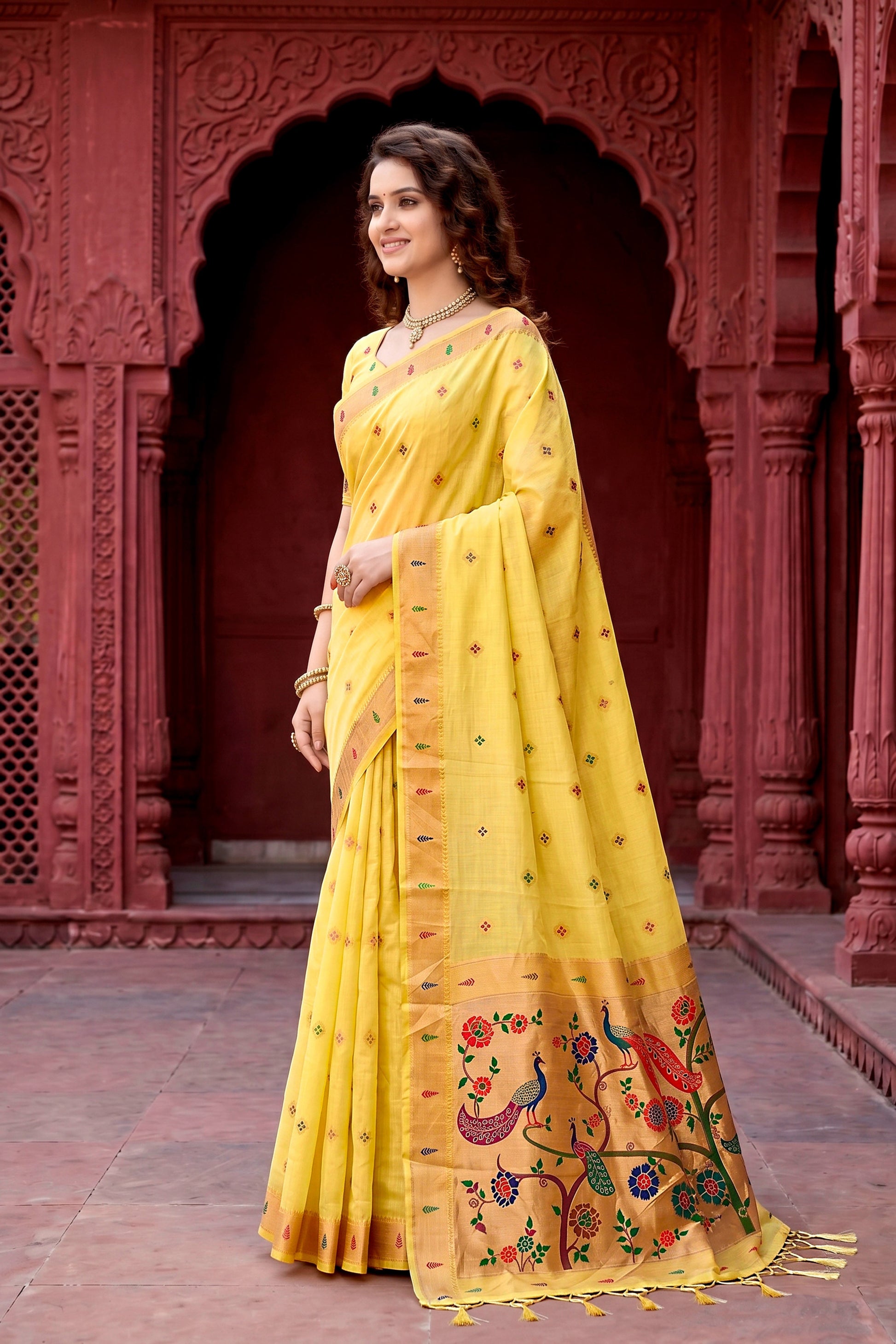 Sangam Prints Yellow Cotton Blend Woven Work Traditional Saree