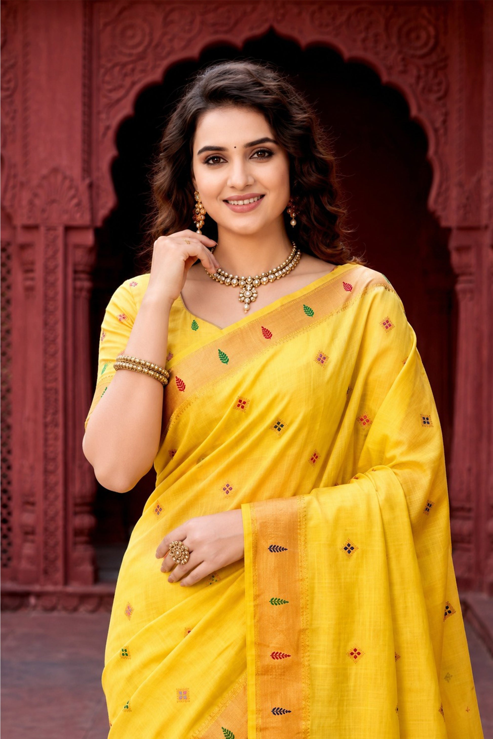 Sangam Prints Yellow Cotton Blend Woven Work Traditional Saree