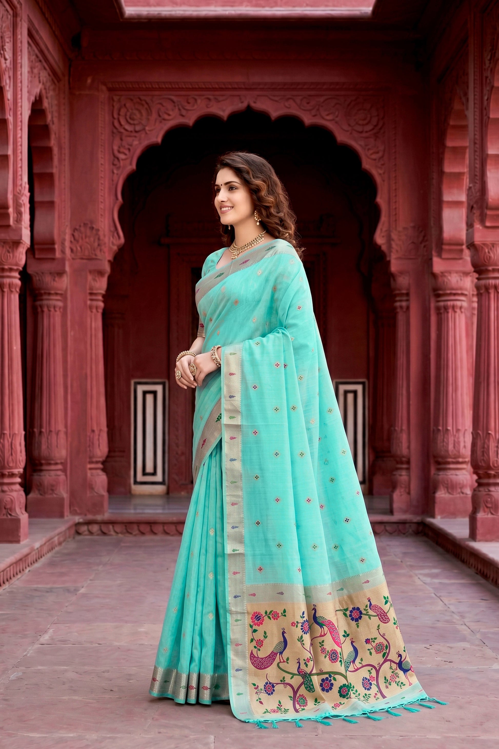 Sangam Prints Aqua Green Cotton Blend Woven Work Traditional Saree
