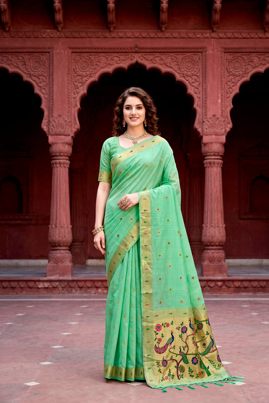 Sangam Prints Mint Green Cotton Blend Woven Work Traditional Saree