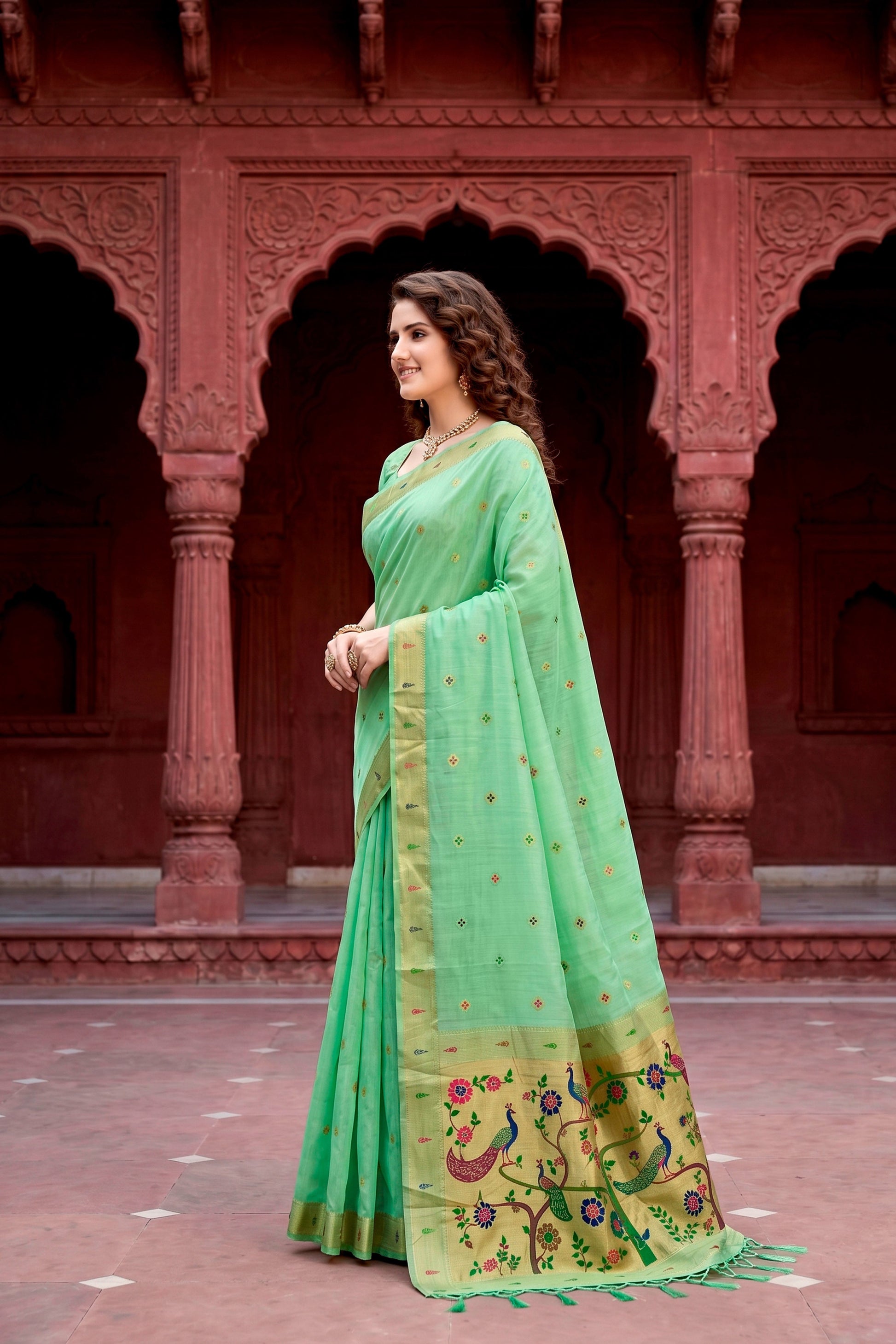 Sangam Prints Mint Green Cotton Blend Woven Work Traditional Saree