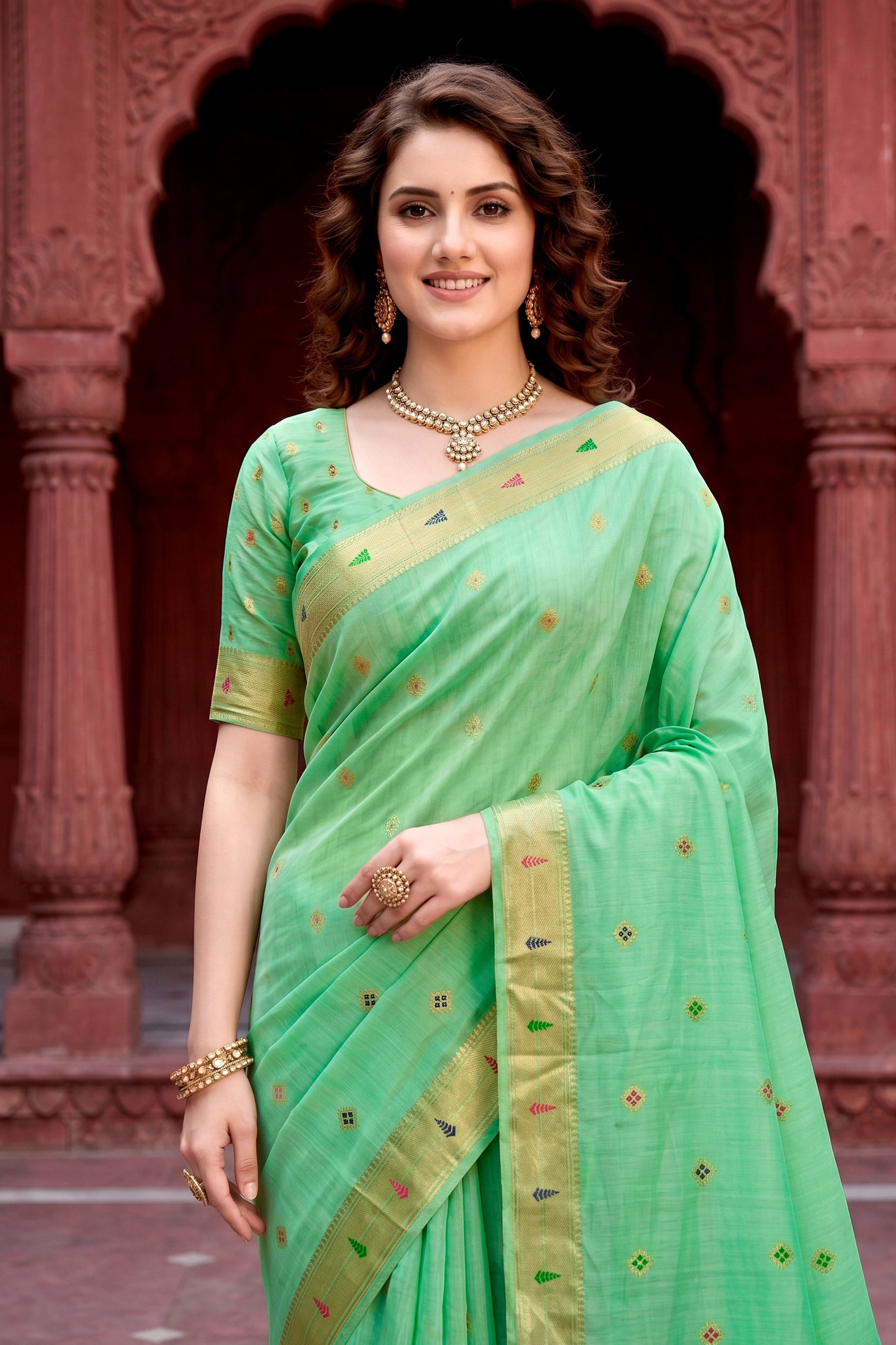 Sangam Prints Mint Green Cotton Blend Woven Work Traditional Saree
