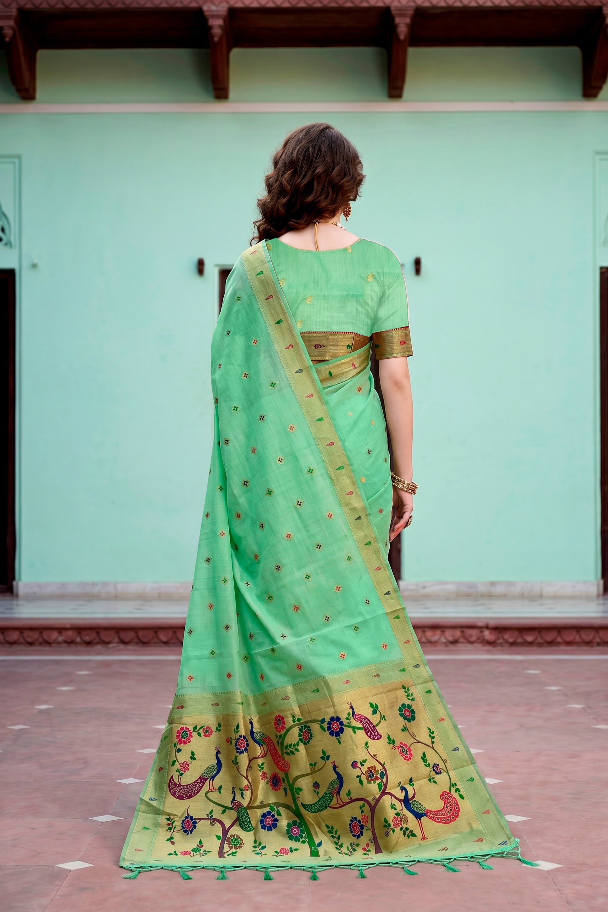 Sangam Prints Mint Green Cotton Blend Woven Work Traditional Saree