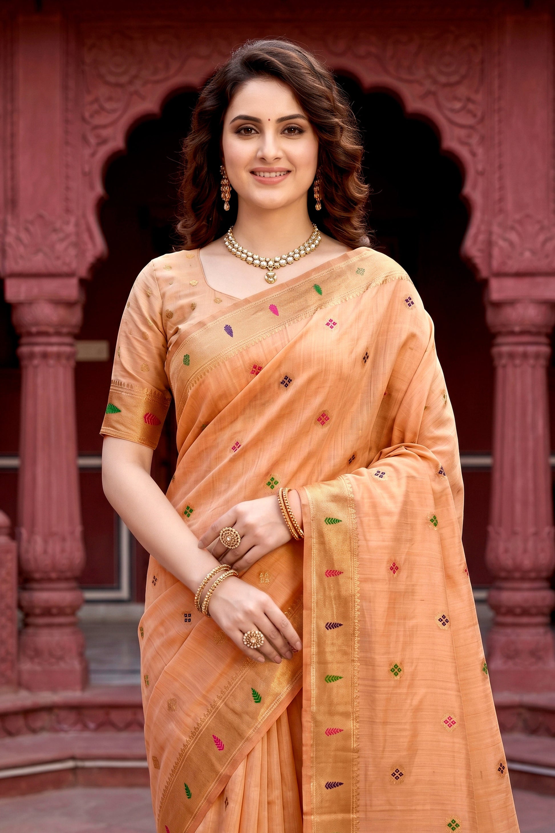 Sangam Prints Peach Cotton Blend Woven Work Traditional Saree