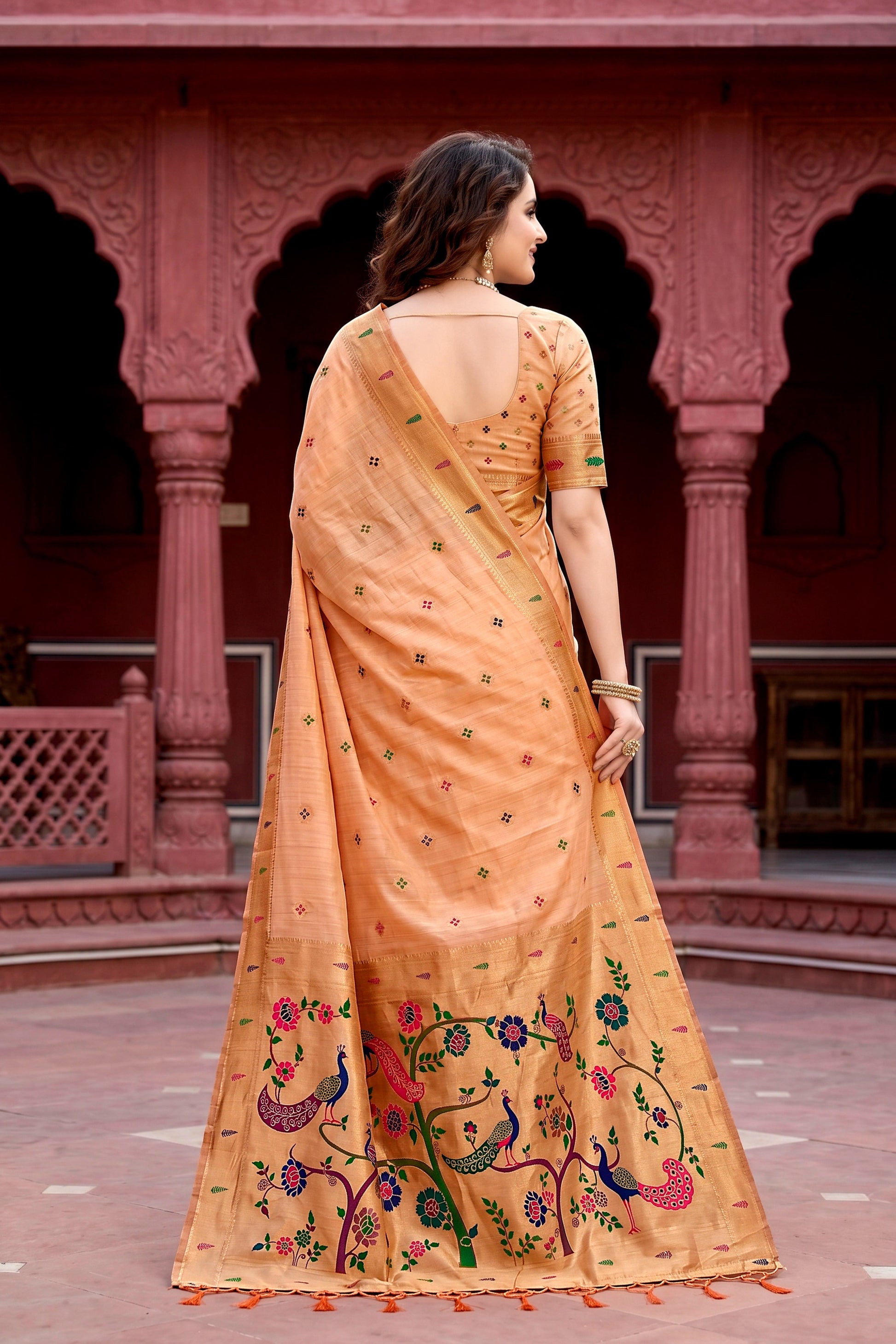 Sangam Prints Peach Cotton Blend Woven Work Traditional Saree