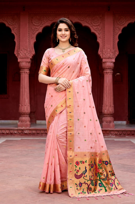 Sangam Prints Baby Pink Cotton Blend Woven Work Traditional Saree