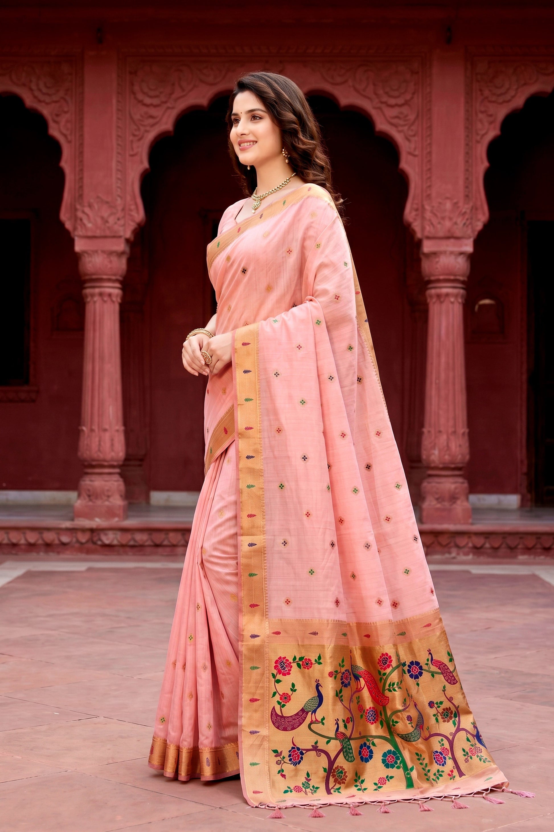Sangam Prints Baby Pink Cotton Blend Woven Work Traditional Saree