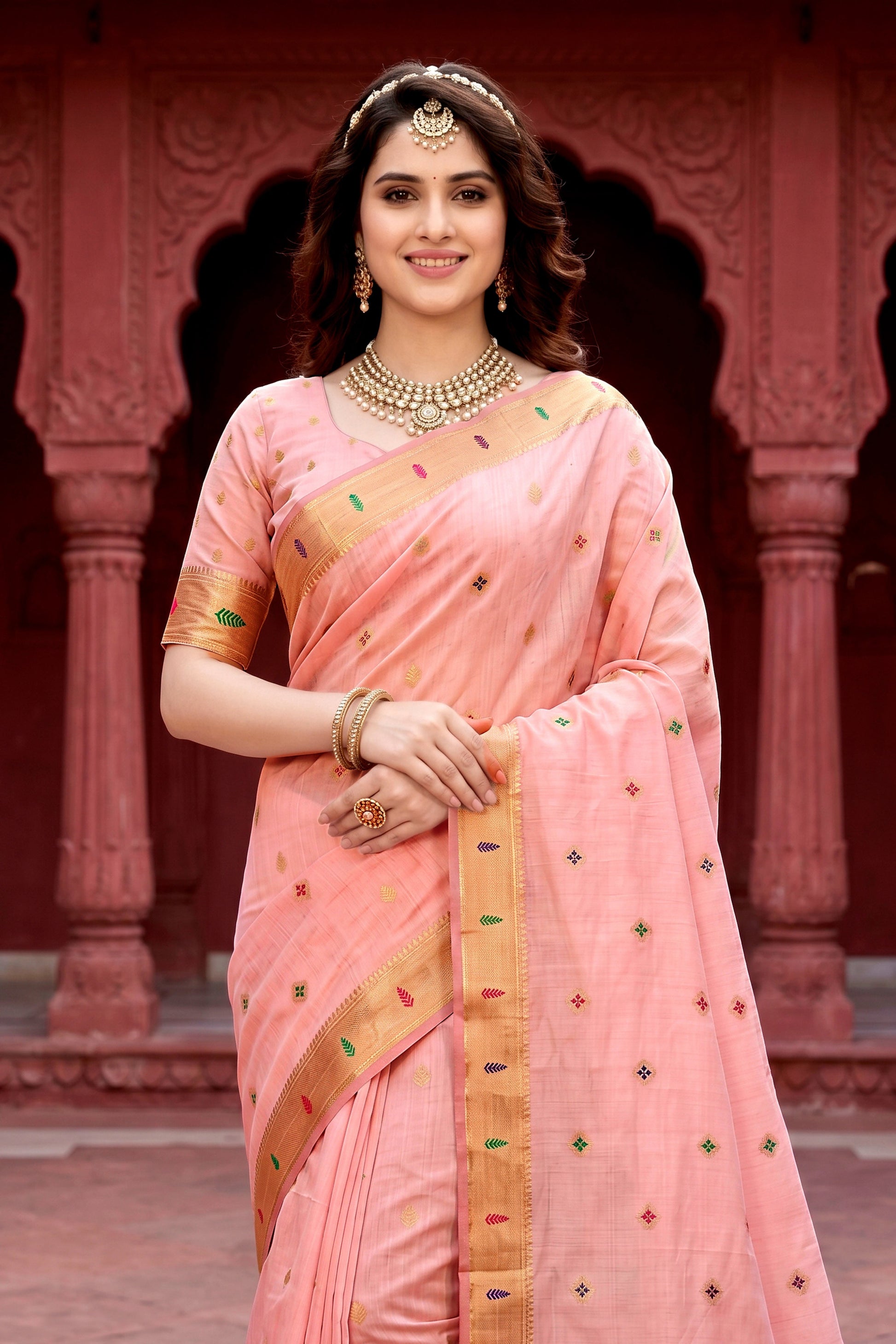 Sangam Prints Baby Pink Cotton Blend Woven Work Traditional Saree