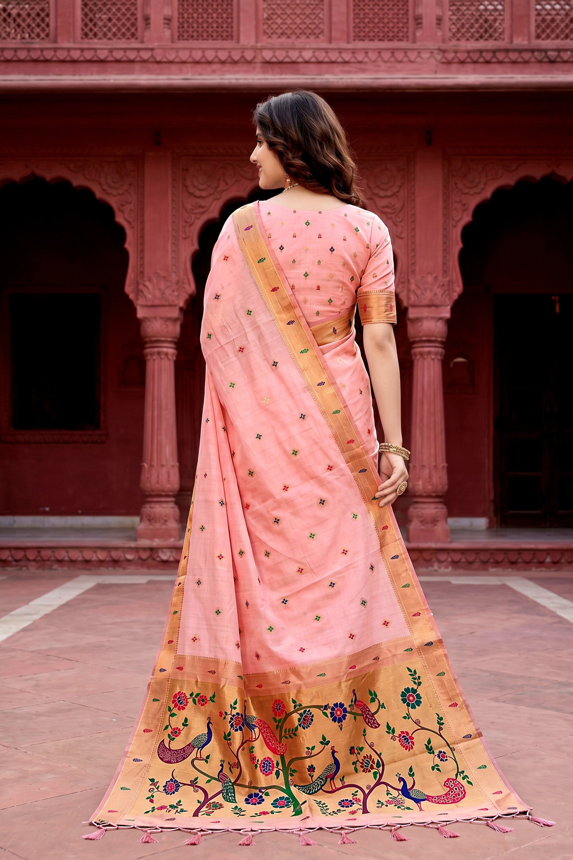Sangam Prints Baby Pink Cotton Blend Woven Work Traditional Saree
