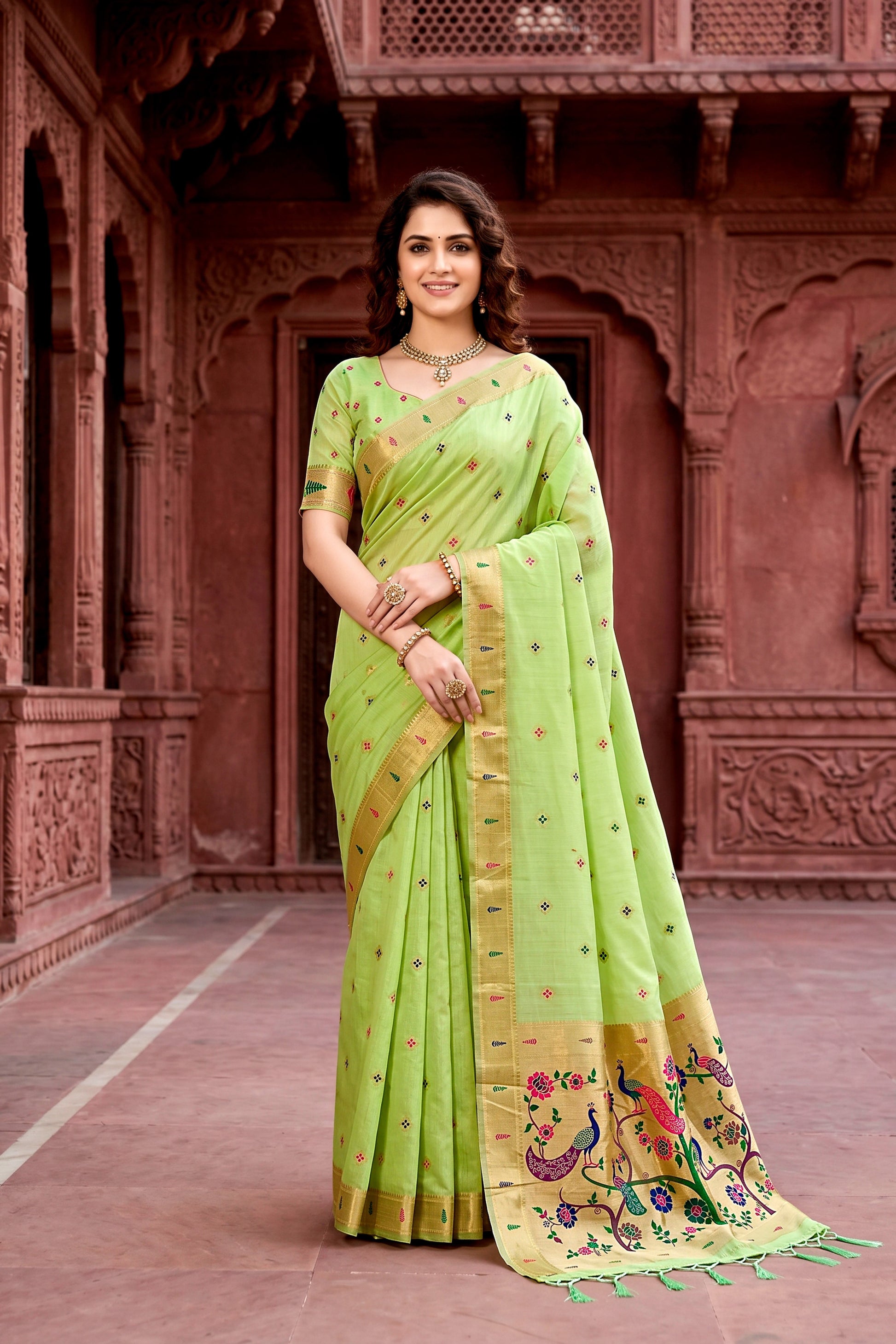 Sangam Prints Parrot Green Cotton Blend Woven Work Traditional Saree