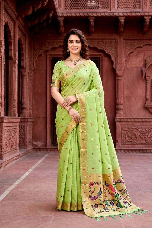 Sangam Prints Parrot Green Cotton Blend Woven Work Traditional Saree