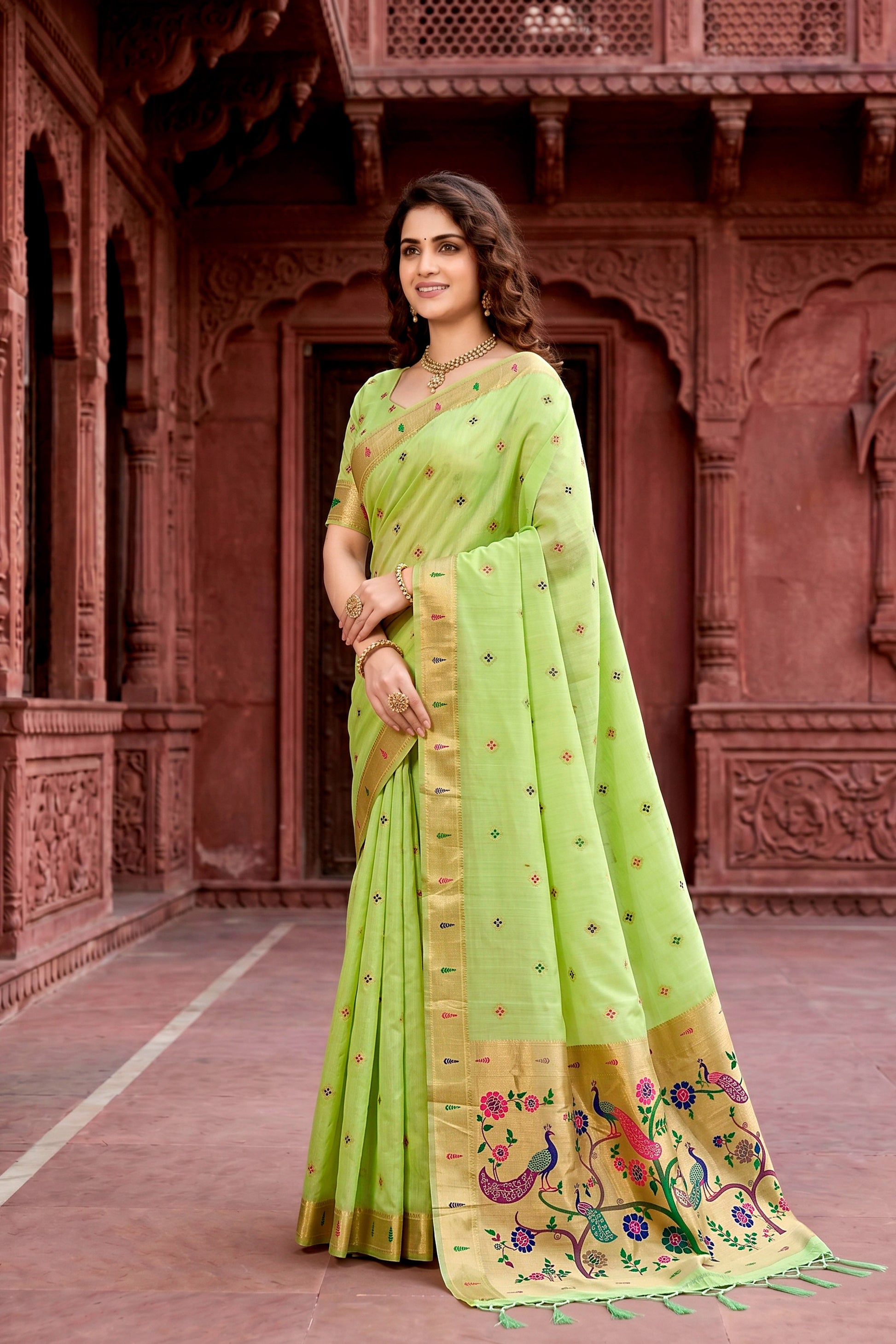 Sangam Prints Parrot Green Cotton Blend Woven Work Traditional Saree