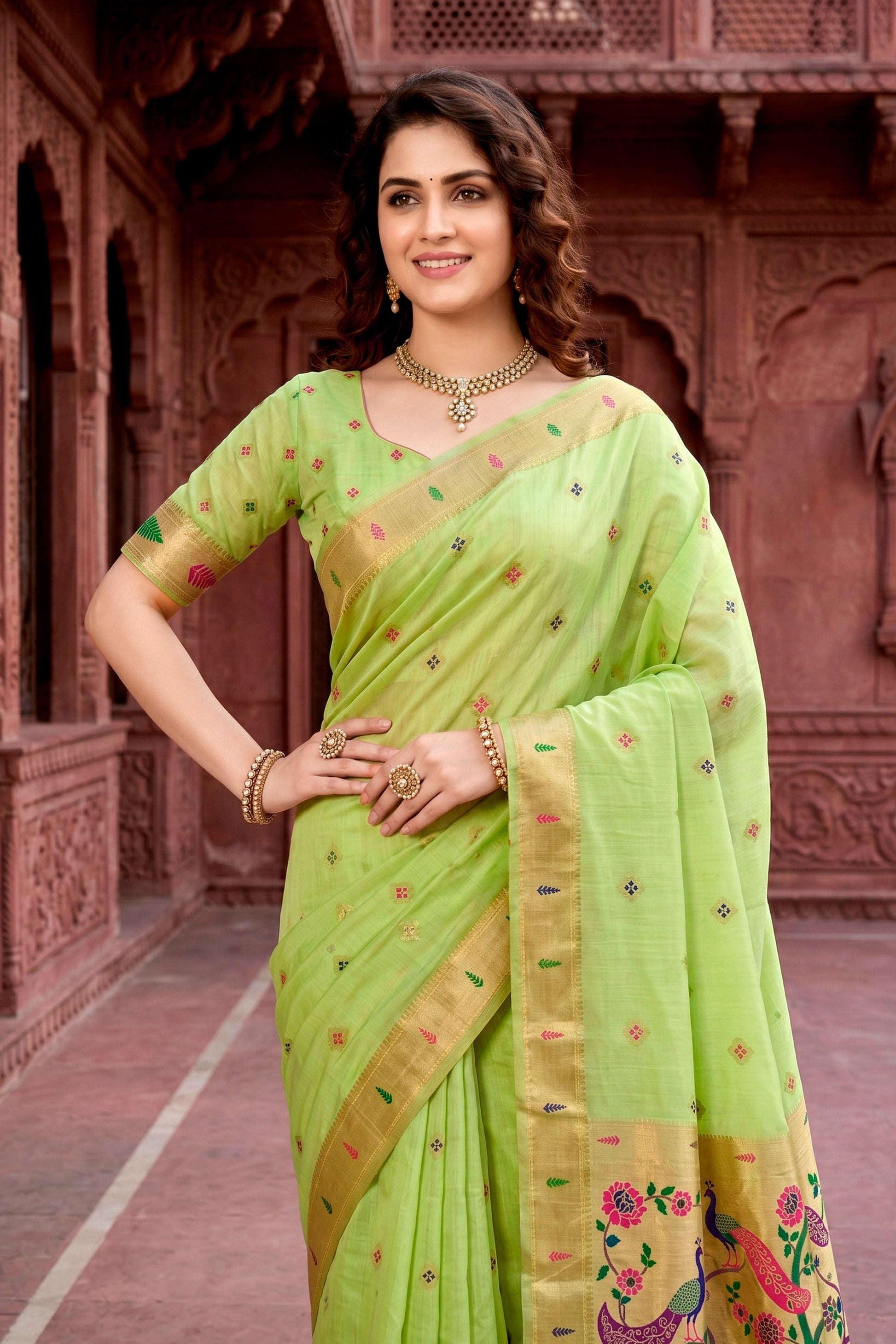 Sangam Prints Parrot Green Cotton Blend Woven Work Traditional Saree