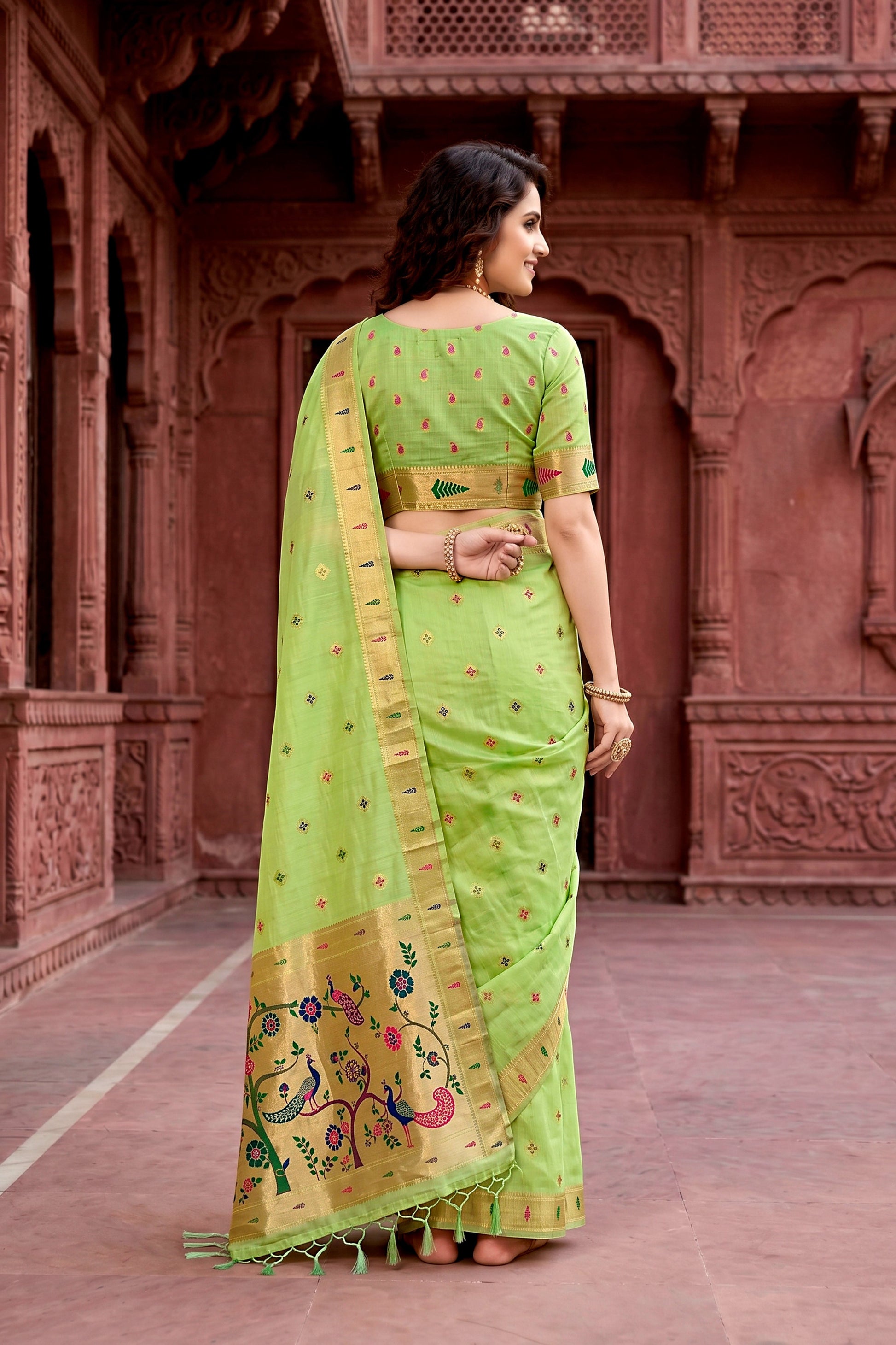 Sangam Prints Parrot Green Cotton Blend Woven Work Traditional Saree