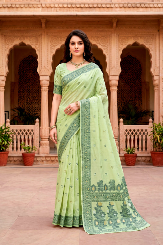 Sangam Prints Green Cotton Blend Woven Work Traditional Saree