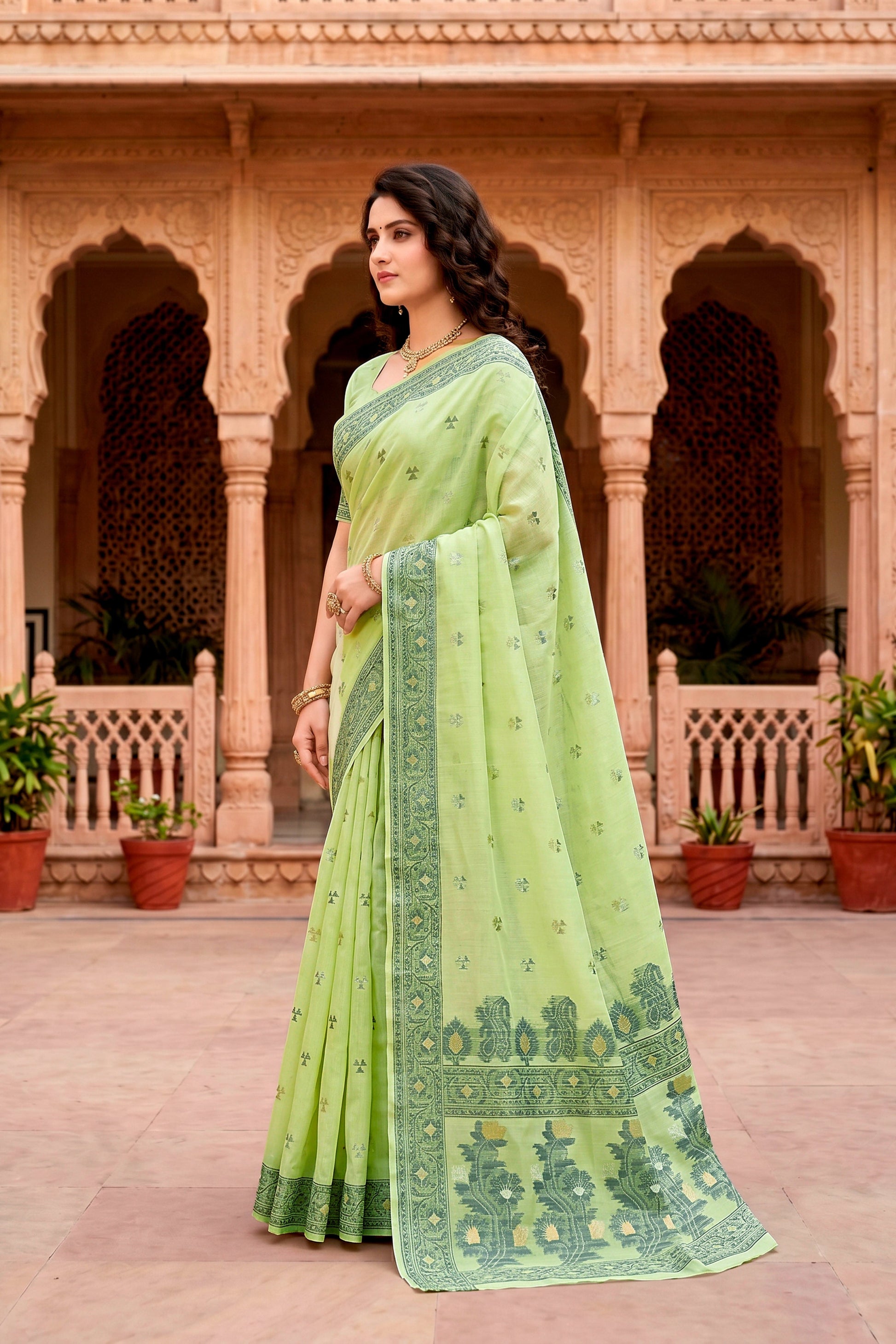 Sangam Prints Green Cotton Blend Woven Work Traditional Saree