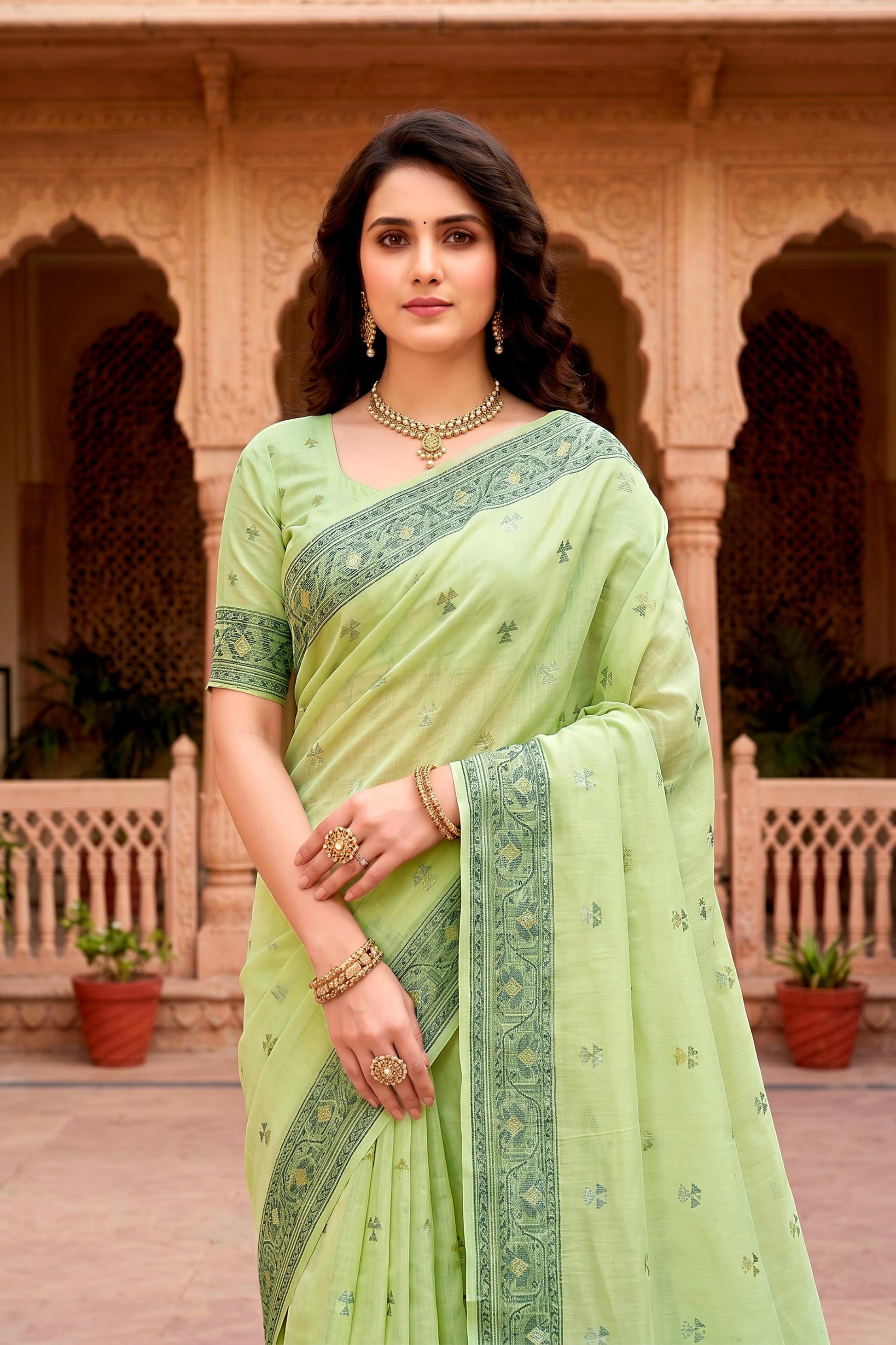 Sangam Prints Green Cotton Blend Woven Work Traditional Saree