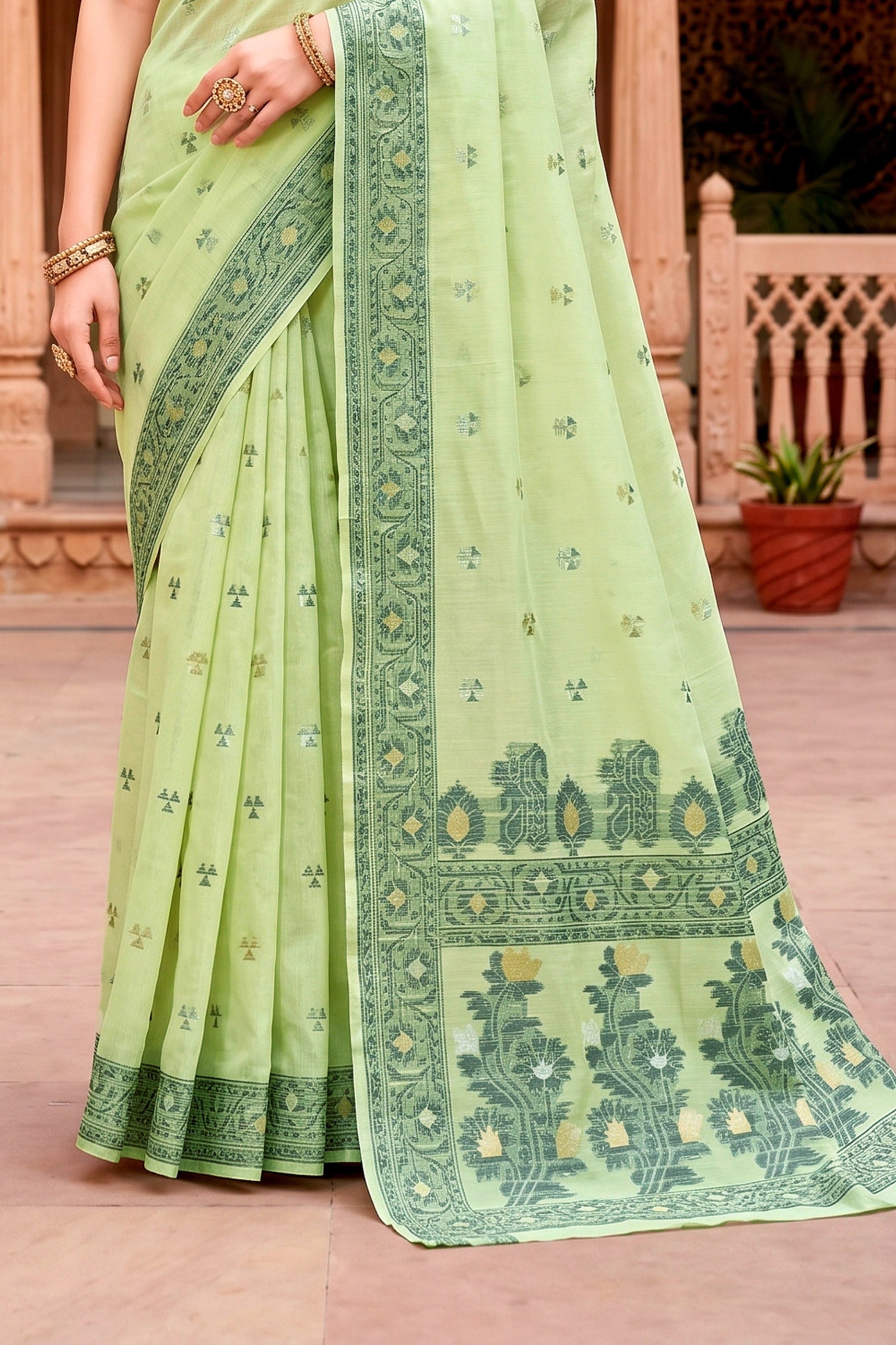 Sangam Prints Green Cotton Blend Woven Work Traditional Saree