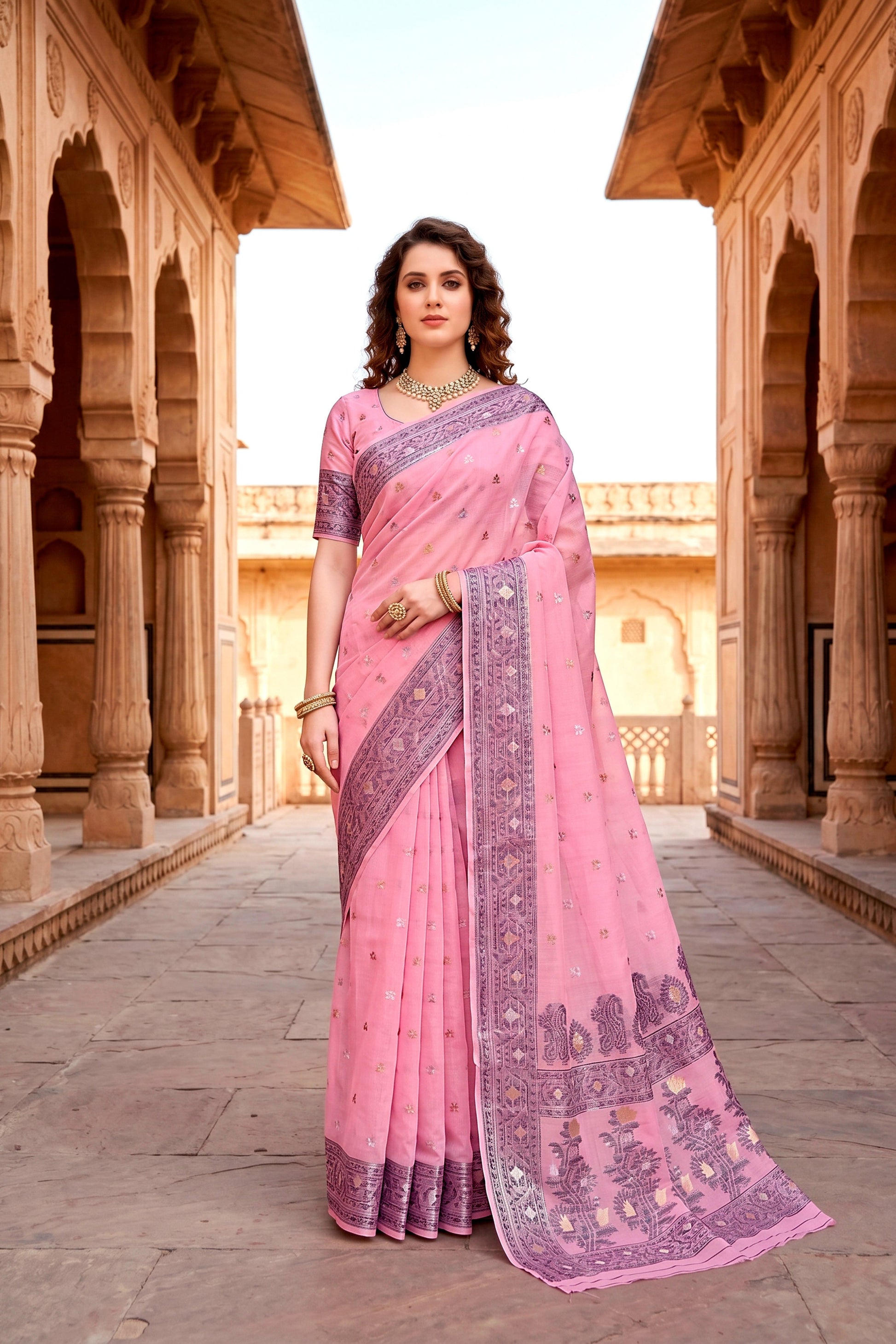 Sangam Prints Pink Cotton Blend Woven Work Traditional Saree