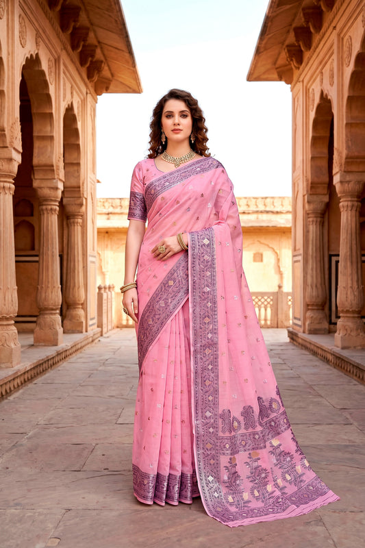 Sangam Prints Pink Cotton Blend Woven Work Traditional Saree