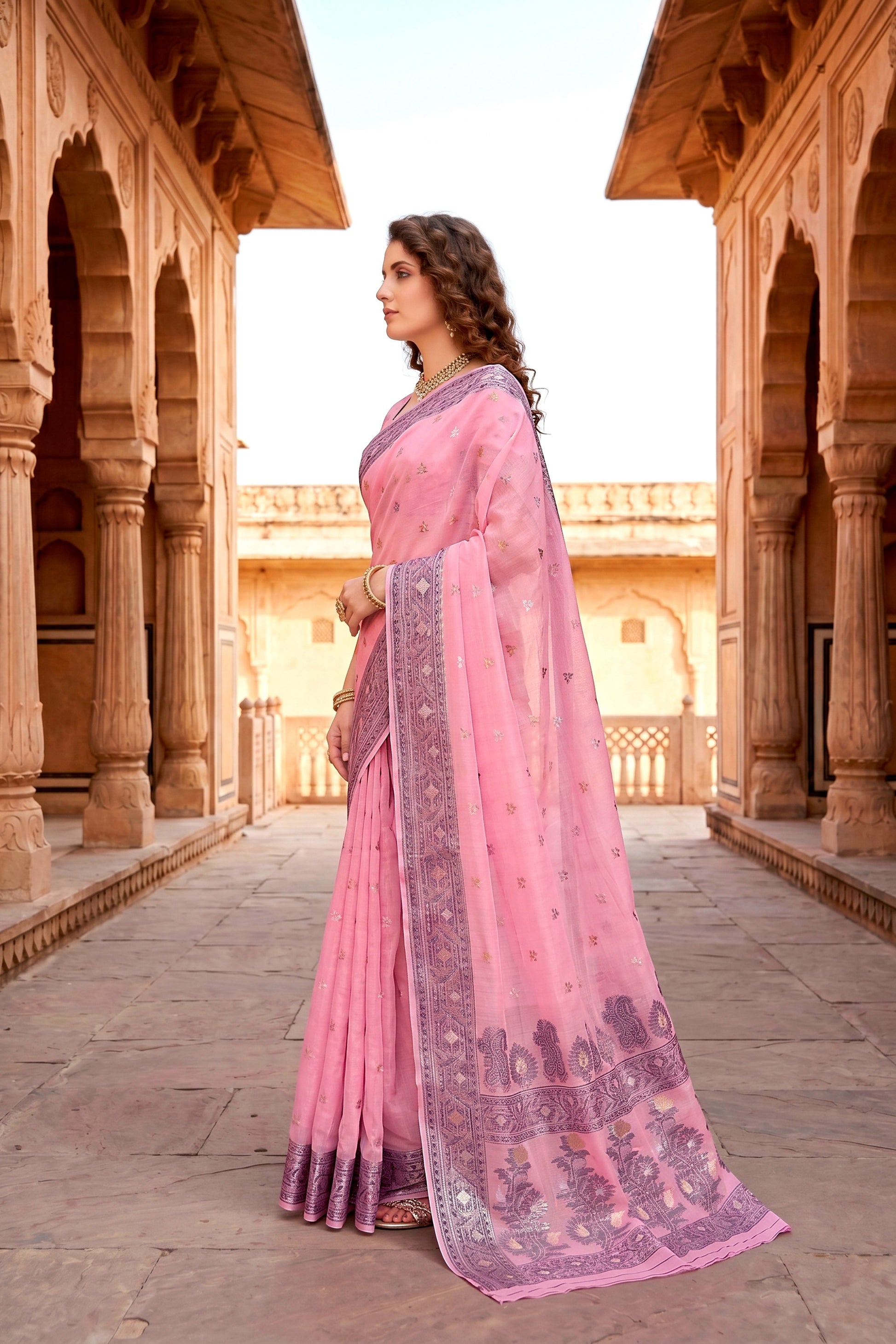 Sangam Prints Pink Cotton Blend Woven Work Traditional Saree