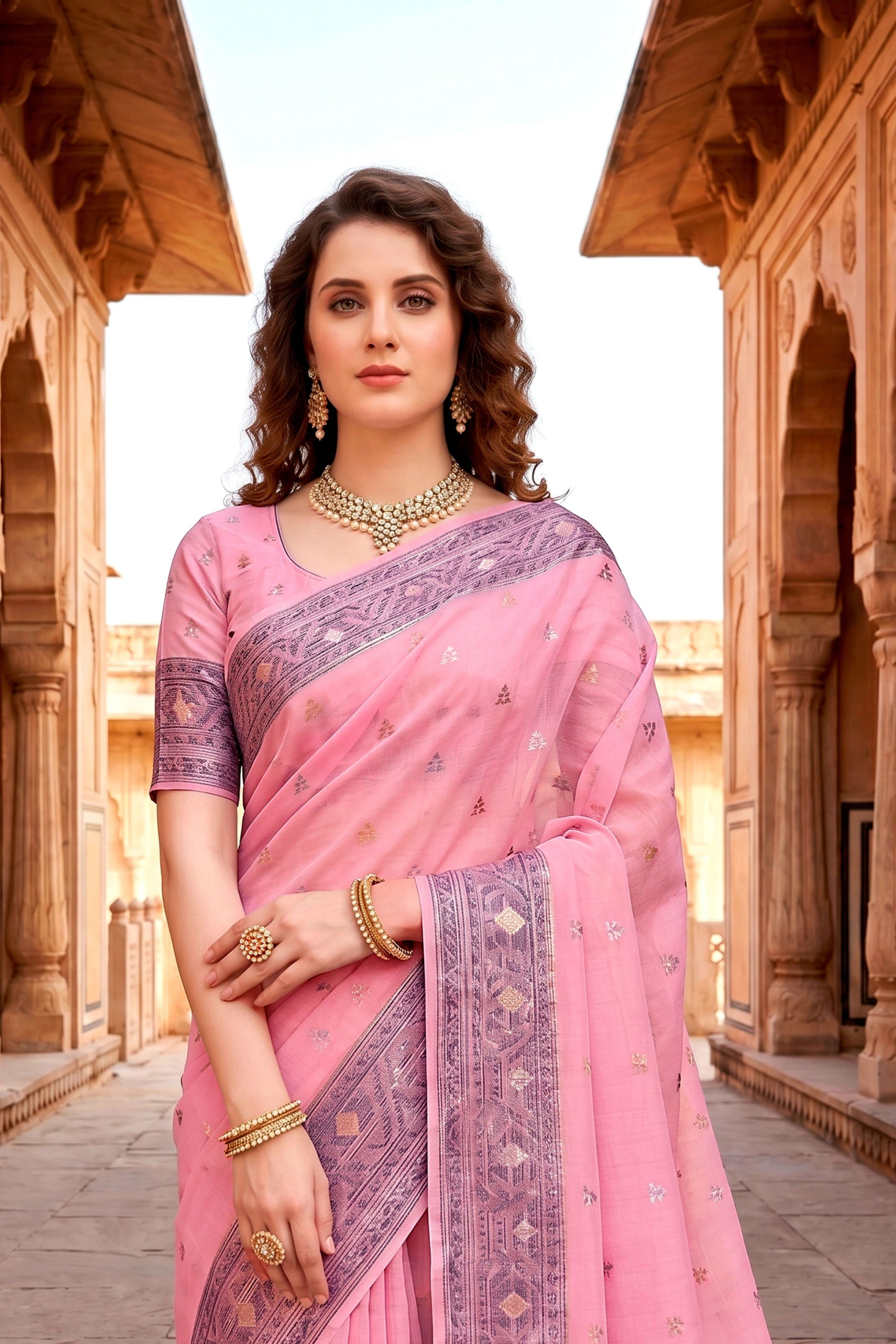 Sangam Prints Pink Cotton Blend Woven Work Traditional Saree