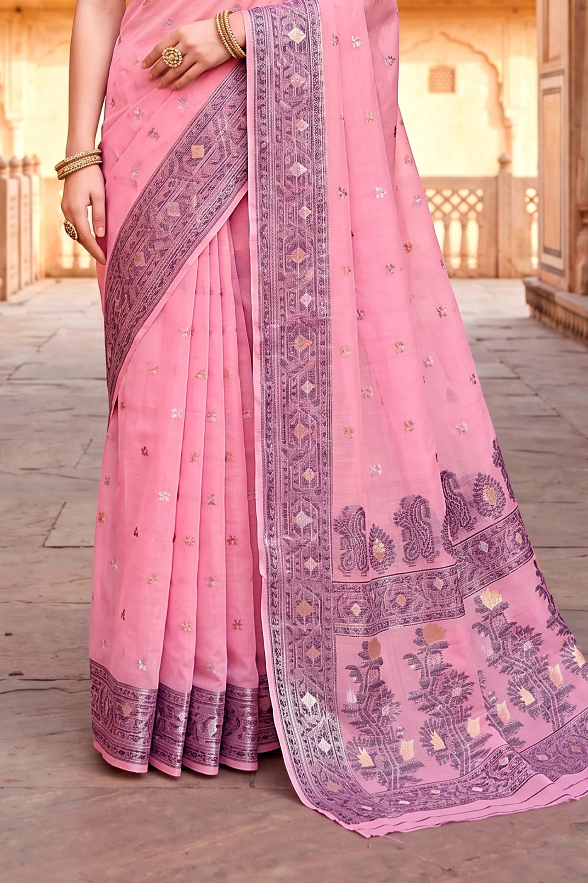Sangam Prints Pink Cotton Blend Woven Work Traditional Saree